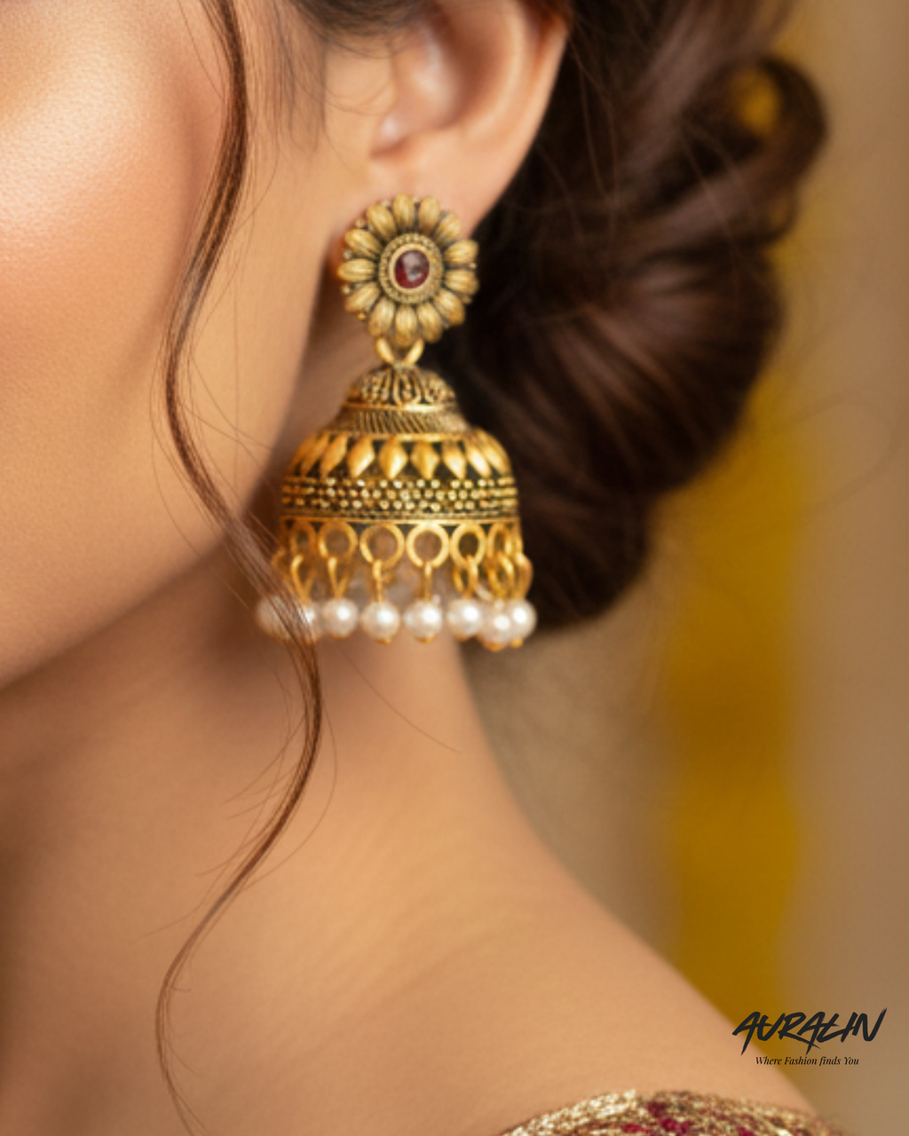 Auralin Antique Gold Ruby Pearl Jhumka Earrings
