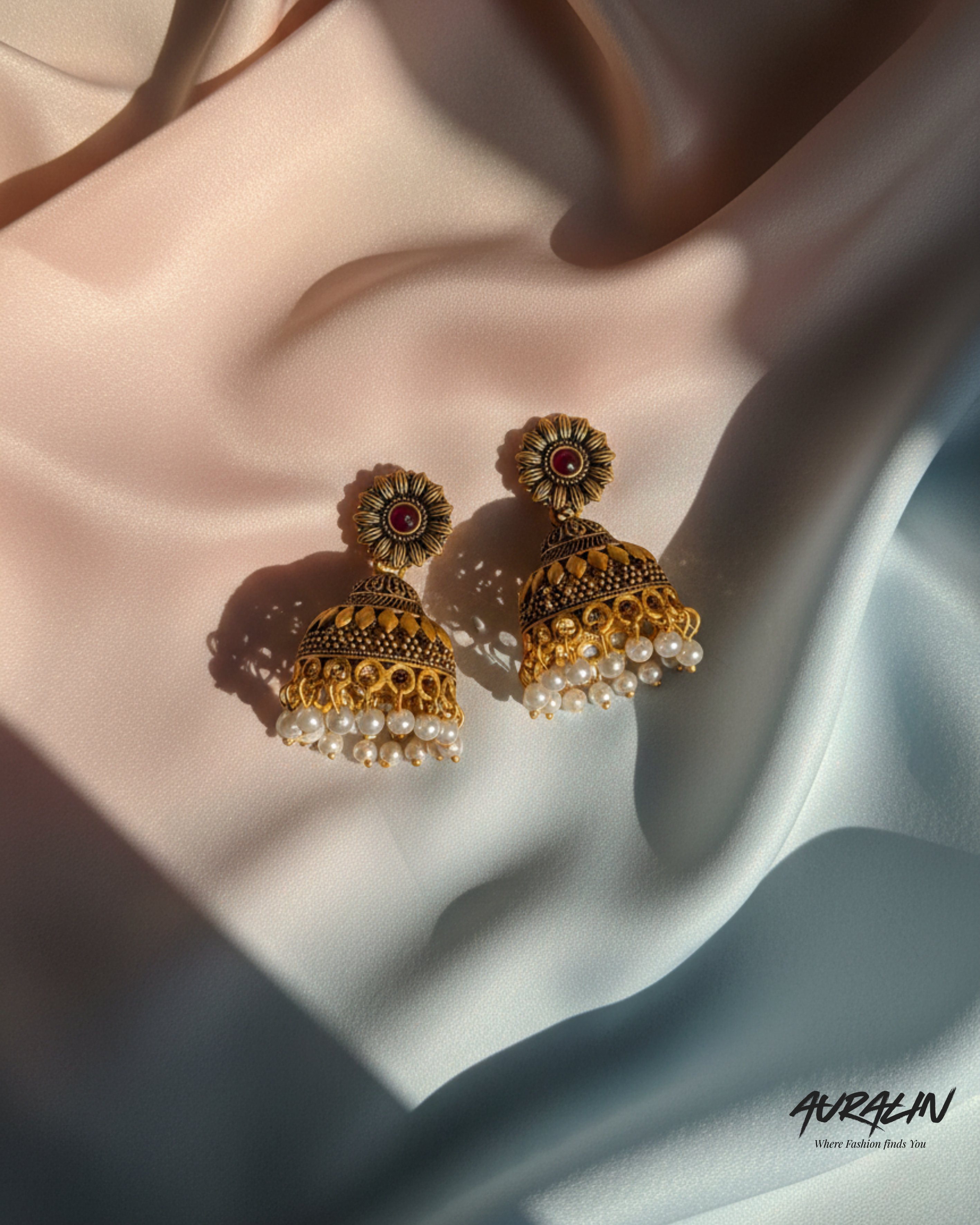 Auralin Antique Gold Ruby Pearl Jhumka Earrings