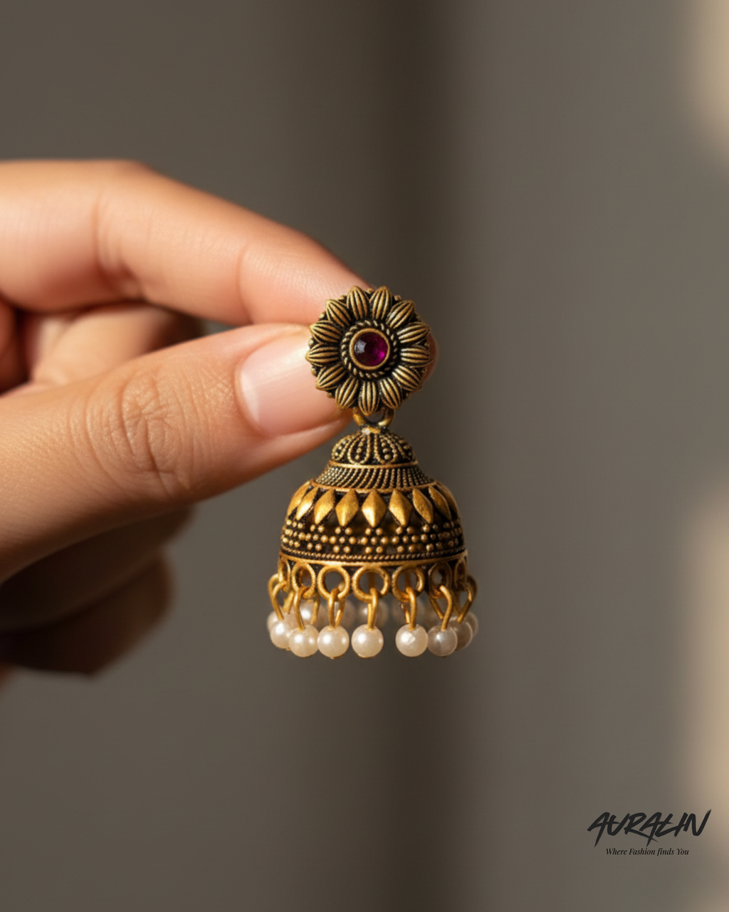 Auralin Antique Gold Ruby Pearl Jhumka Earrings