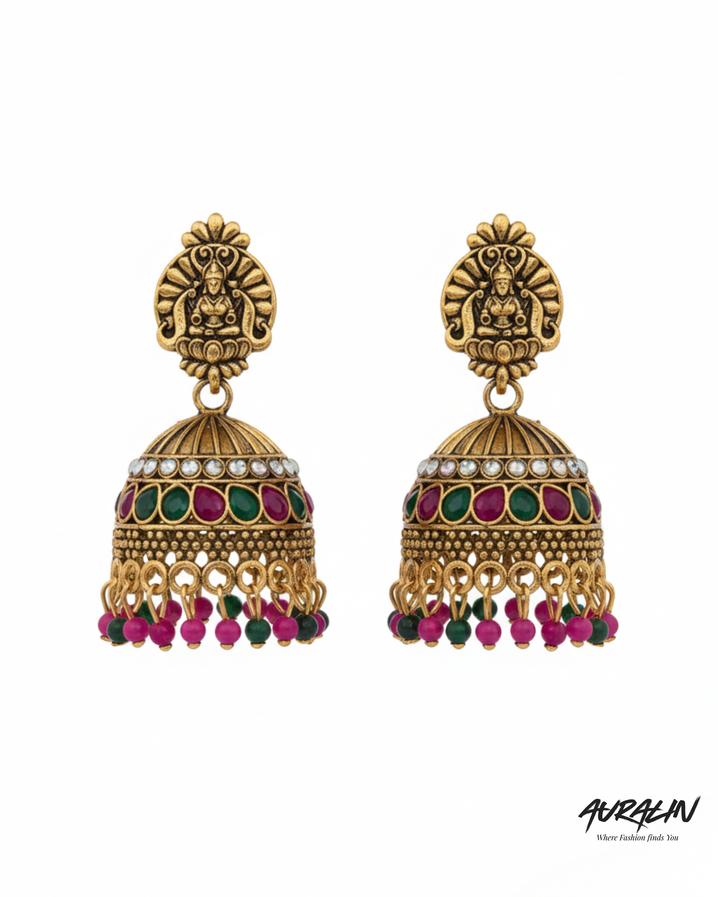 Auralin Antique Gold Ruby-Emerald Temple Jhumka Earrings