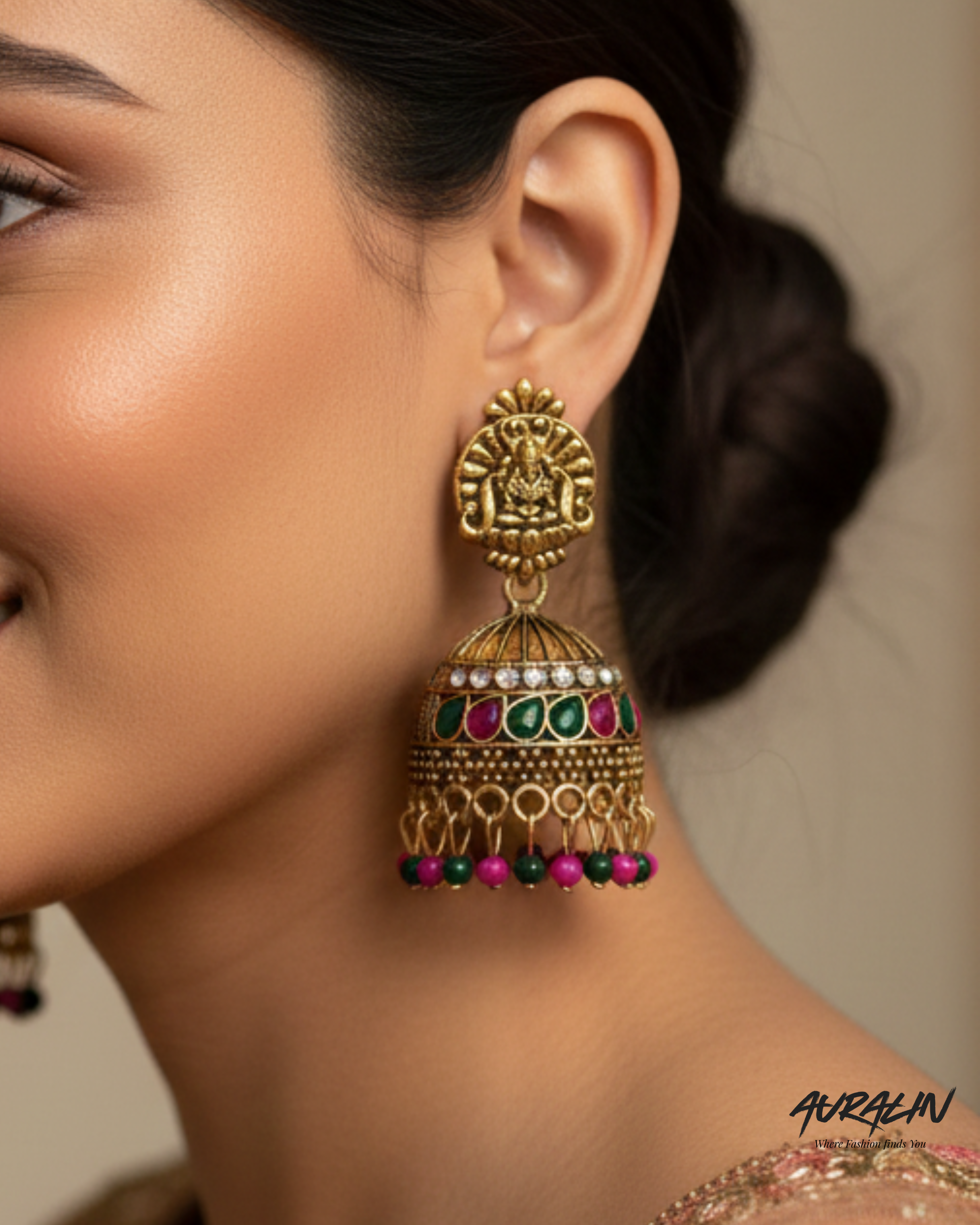 Auralin Antique Gold Ruby-Emerald Temple Jhumka Earrings