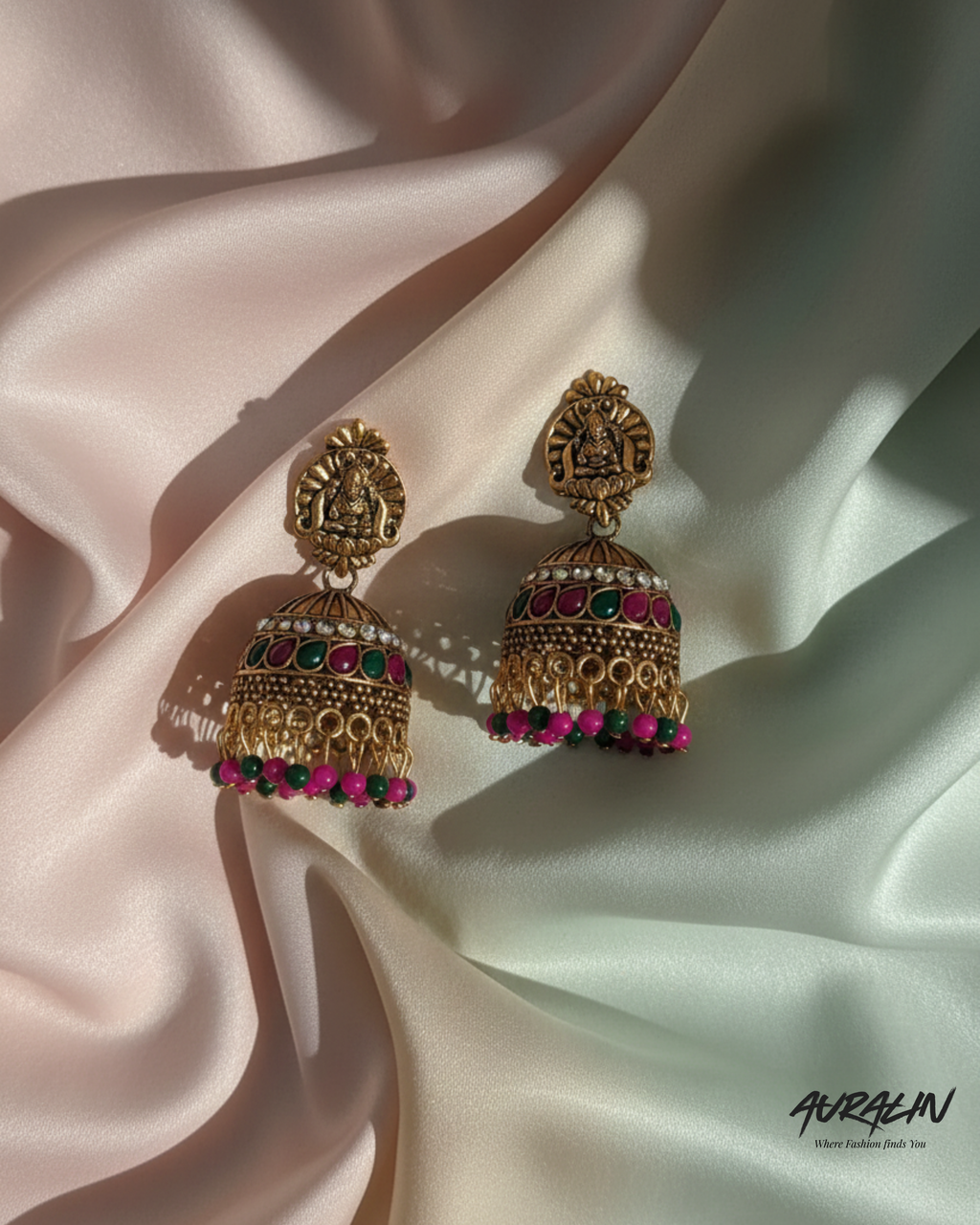 Auralin Antique Gold Ruby-Emerald Temple Jhumka Earrings
