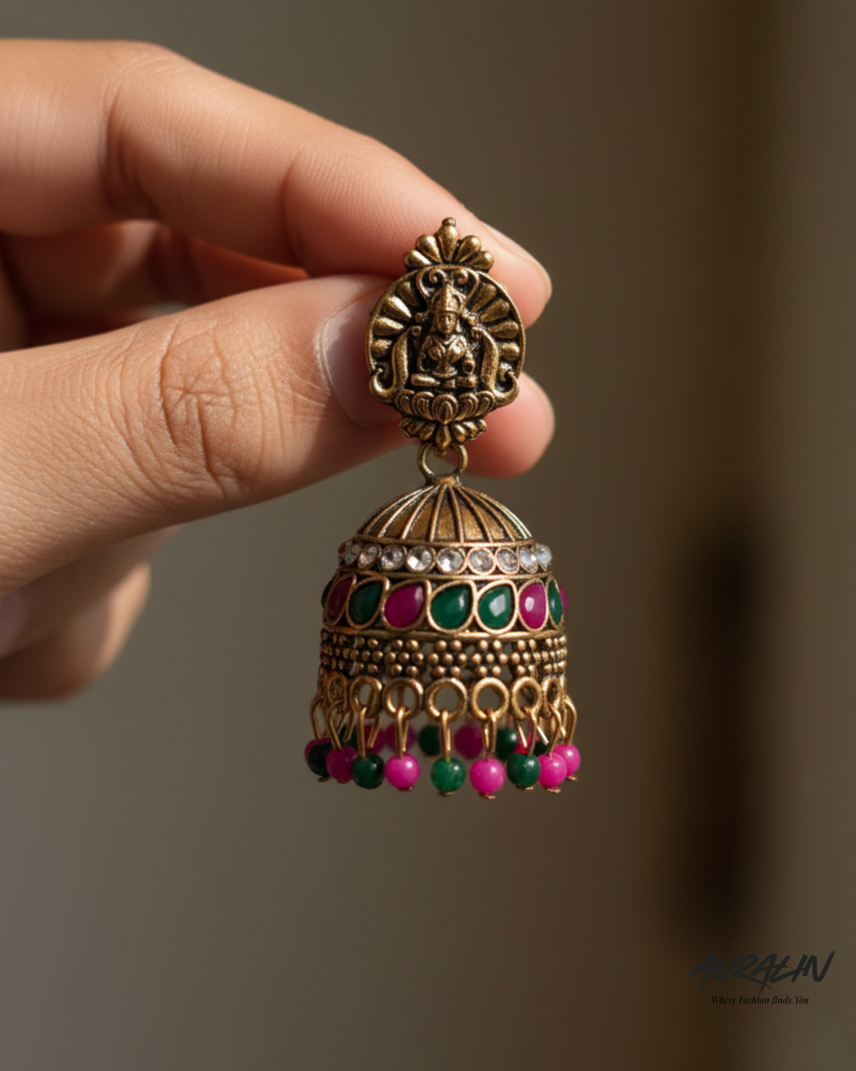 Auralin Antique Gold Ruby-Emerald Temple Jhumka Earrings