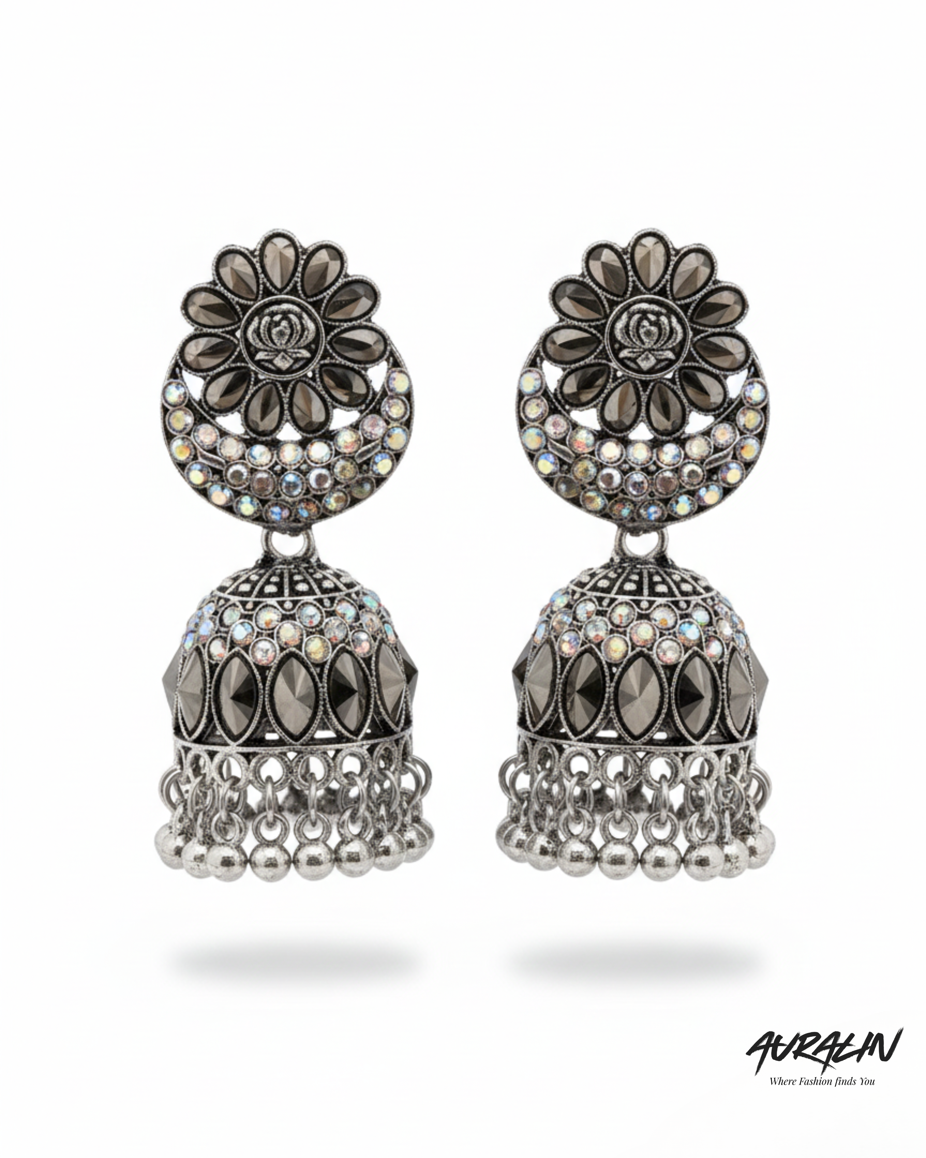 Auralin Oxidised Silver Crystal Floral Jhumka Earrings