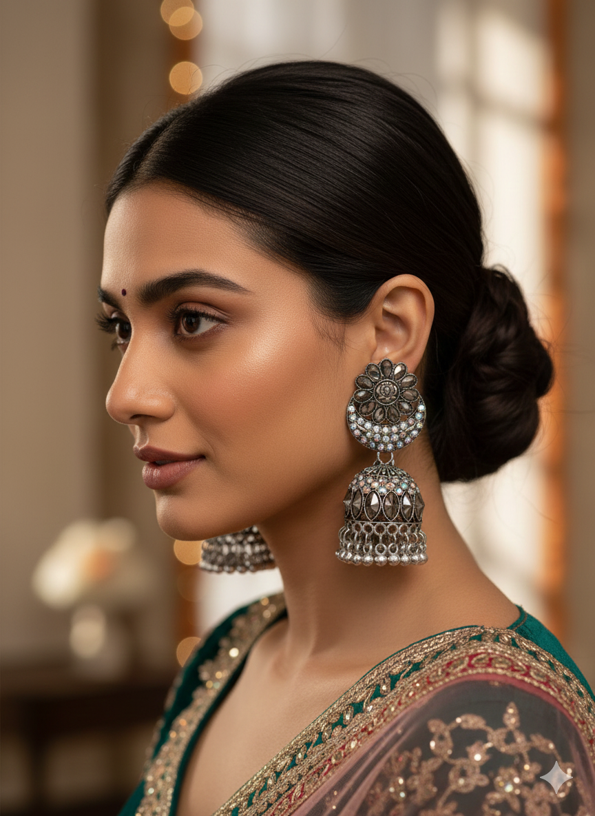 Auralin Oxidised Silver Crystal Floral Jhumka Earrings