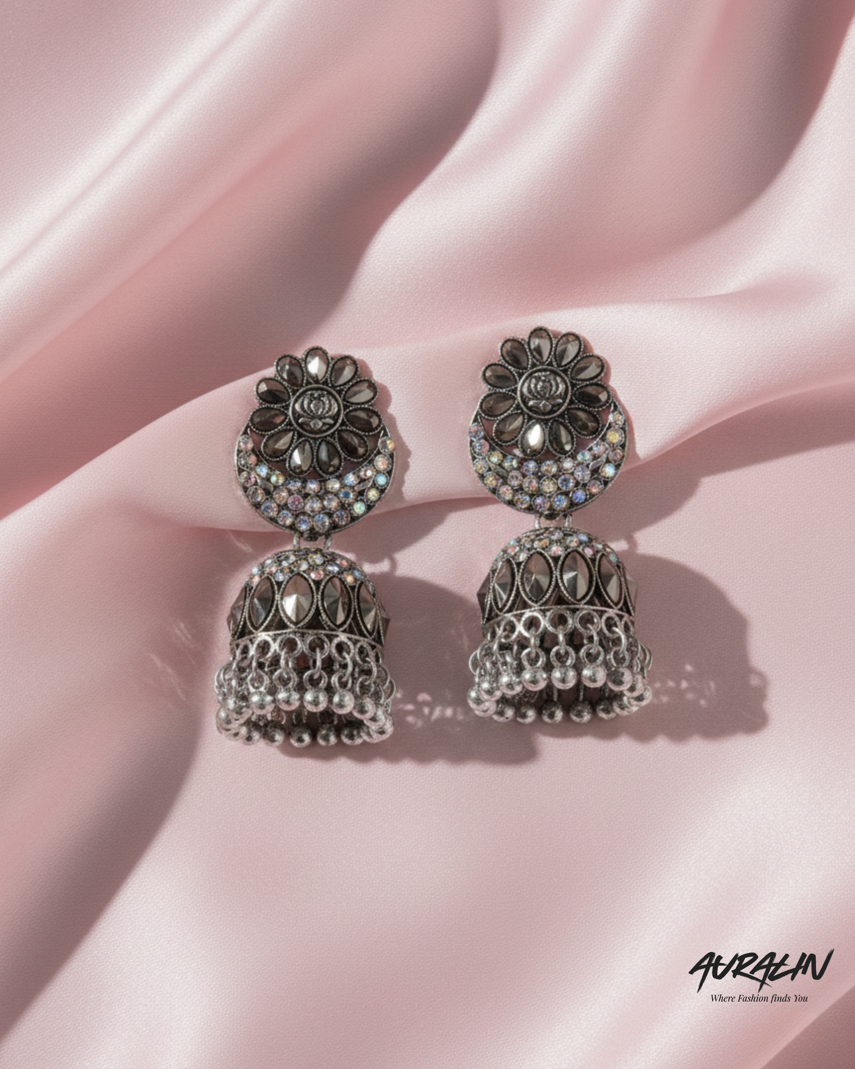 Auralin Oxidised Silver Crystal Floral Jhumka Earrings
