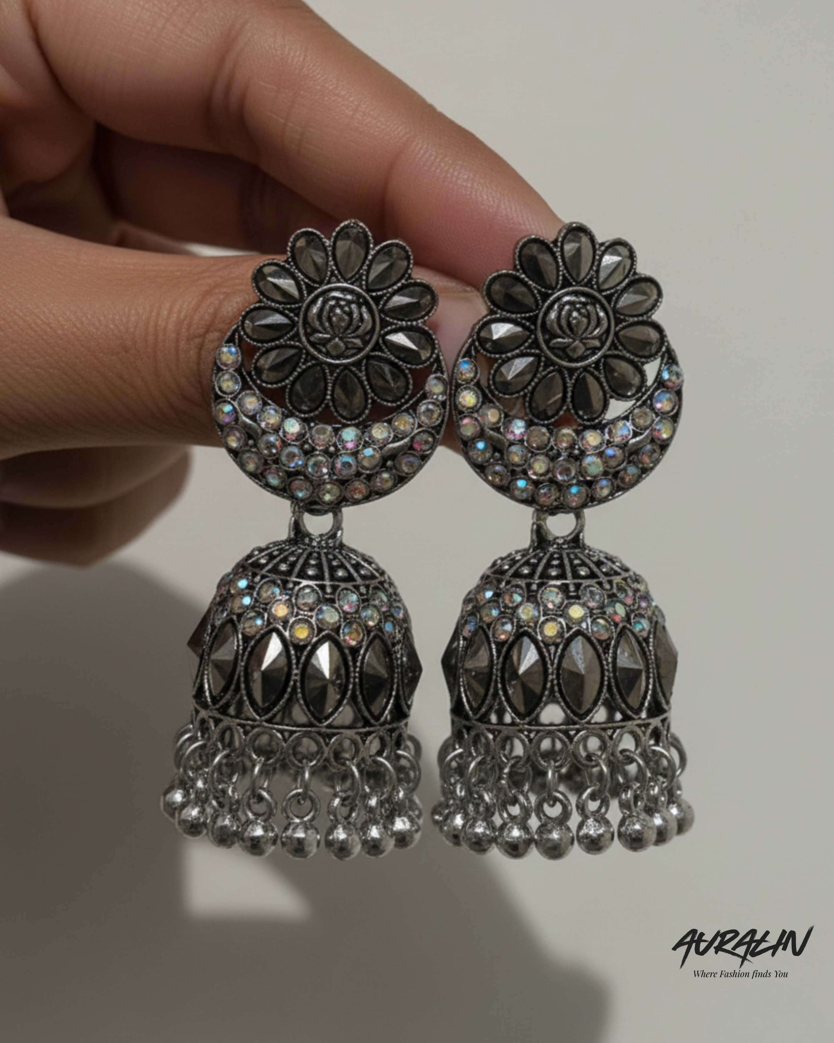 Auralin Oxidised Silver Crystal Floral Jhumka Earrings