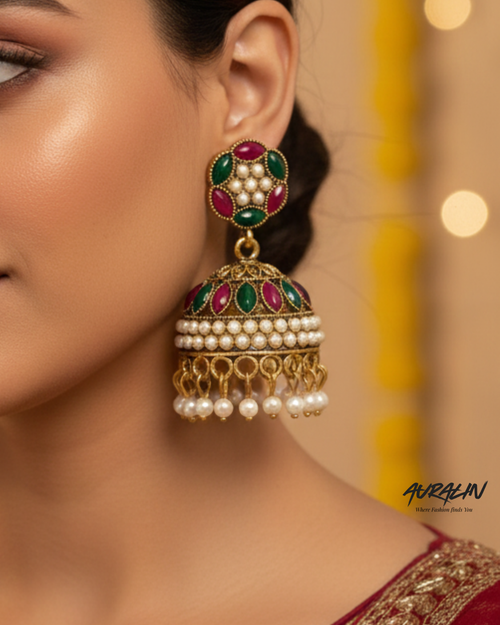 Auralin Antique Gold Multicolor Jhumka Earrings with Pearl Drops