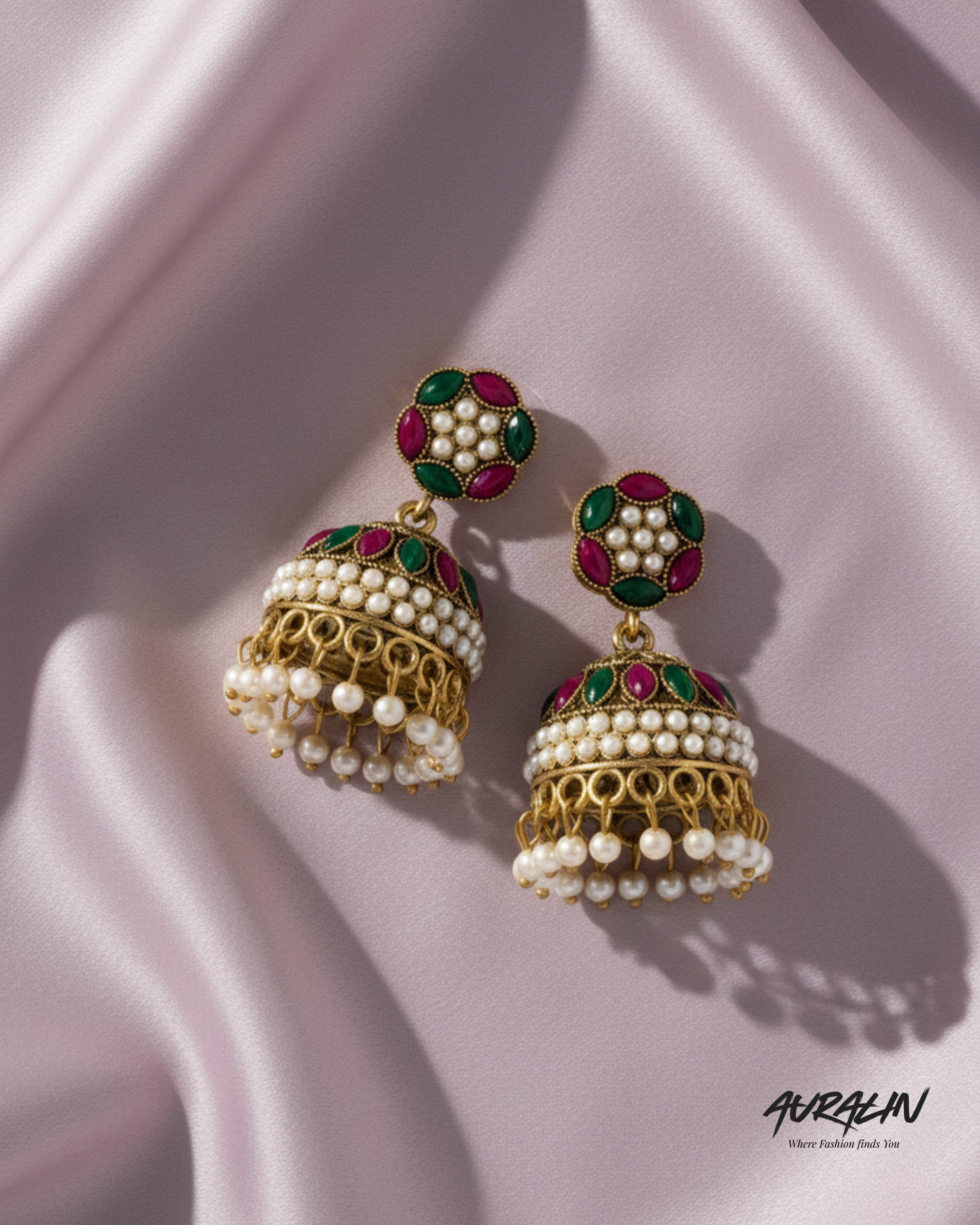 Auralin Antique Gold Multicolor Jhumka Earrings with Pearl Drops