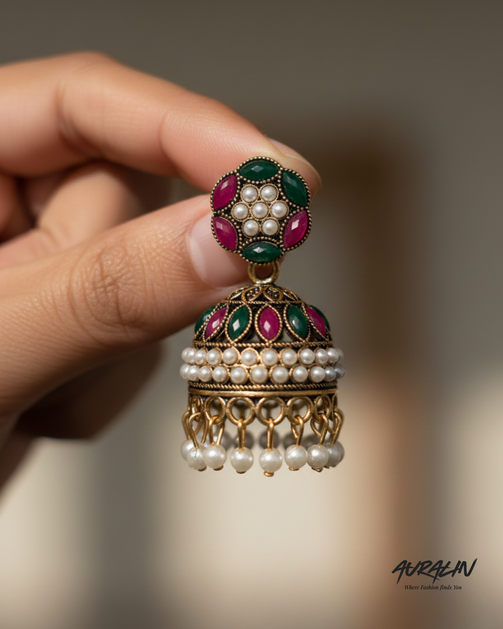 Auralin Antique Gold Multicolor Jhumka Earrings with Pearl Drops