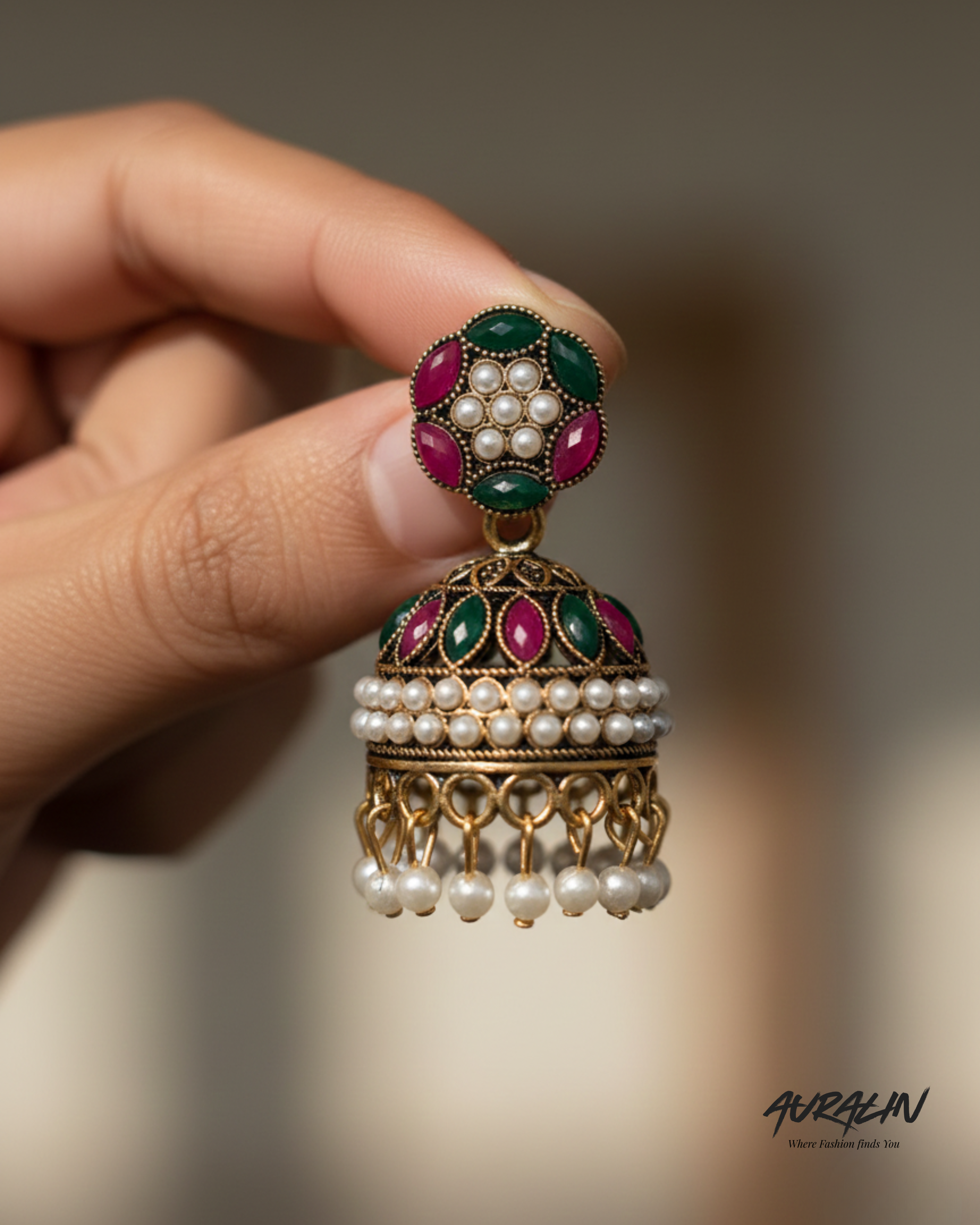 Auralin Antique Gold Multicolor Jhumka Earrings with Pearl Drops