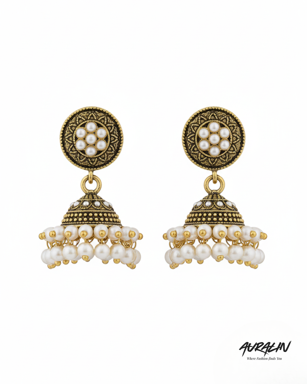 Auralin Antique Gold Pearl Jhumka Earrings