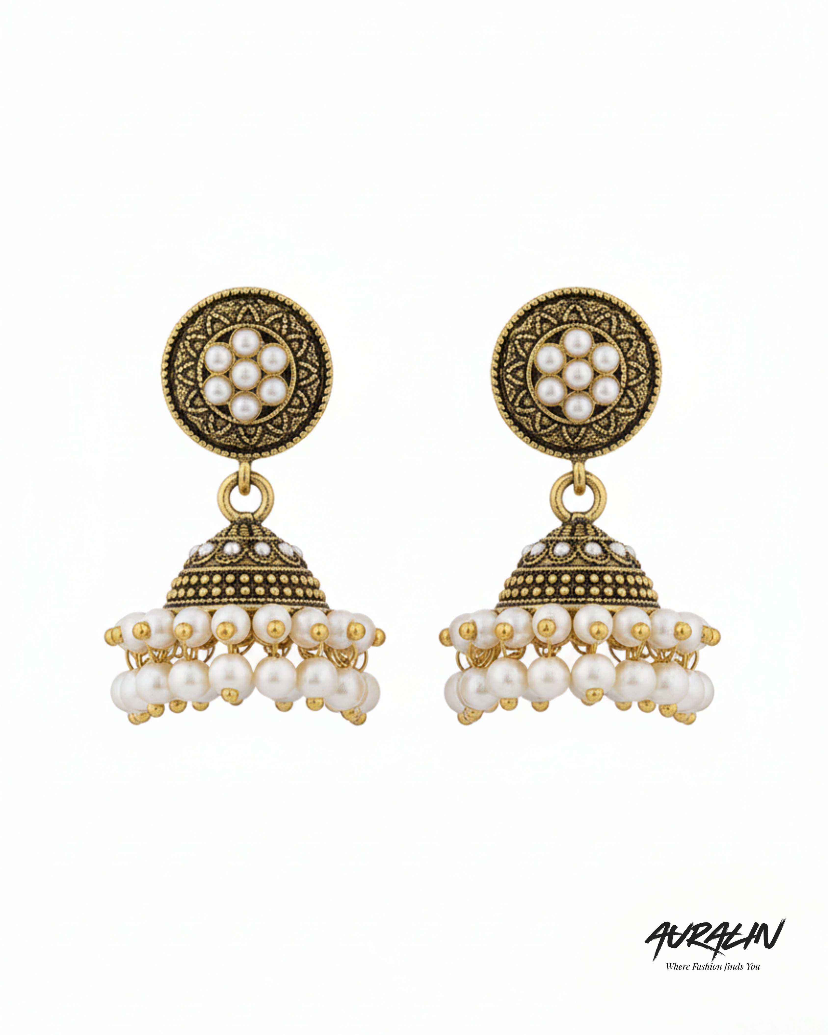 Auralin Antique Gold Pearl Jhumka Earrings