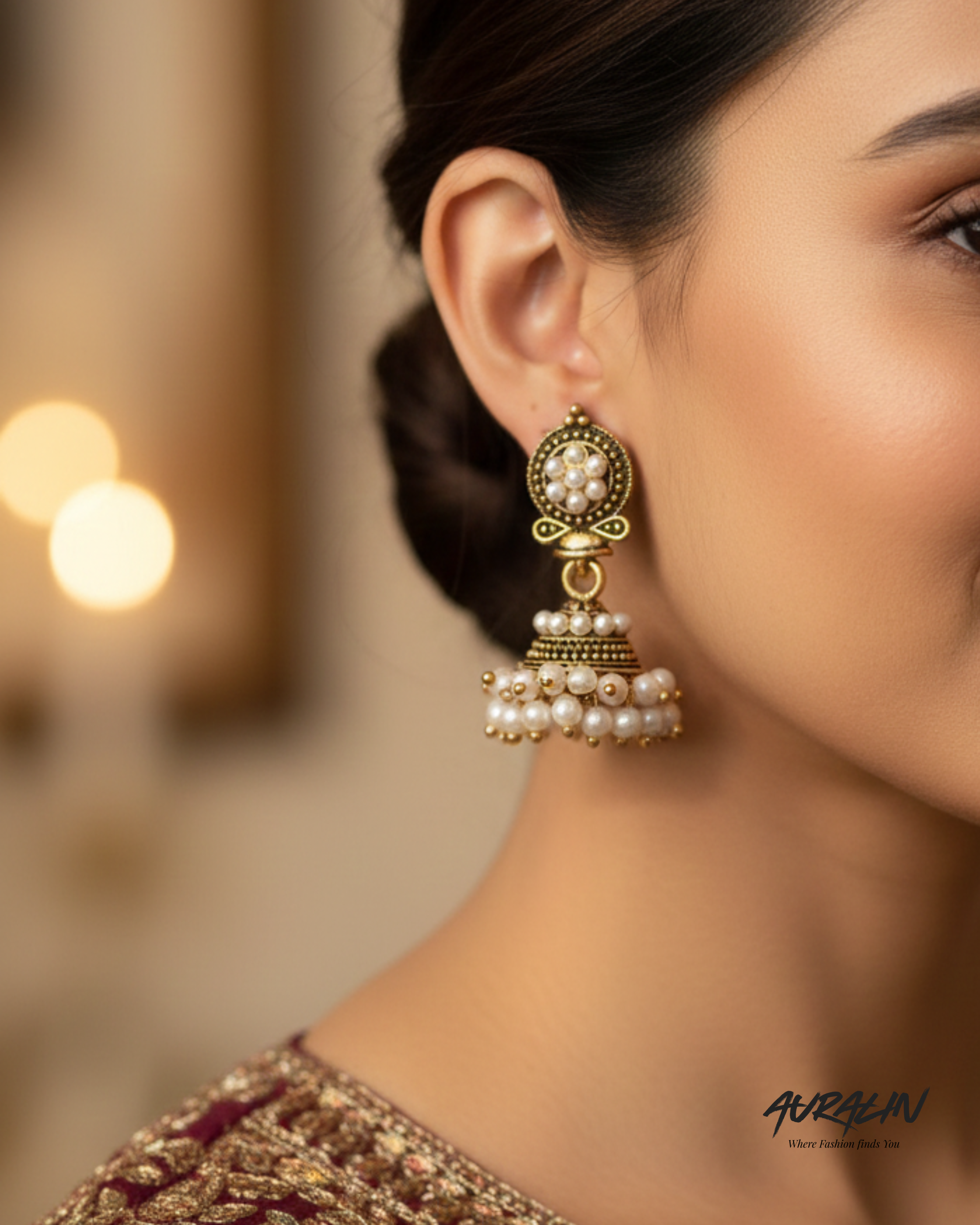 Auralin Antique Gold Pearl Jhumka Earrings