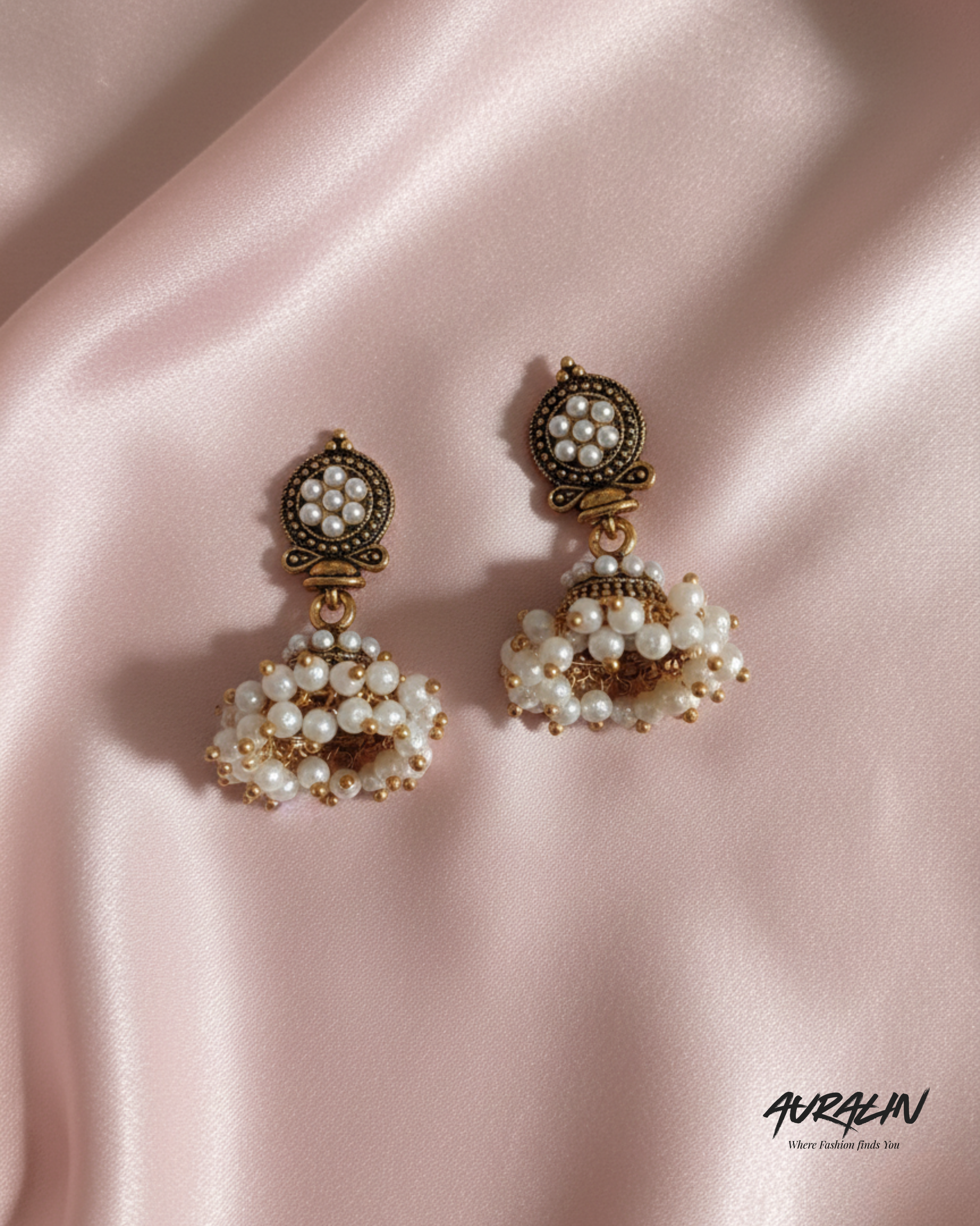 Auralin Antique Gold Pearl Jhumka Earrings