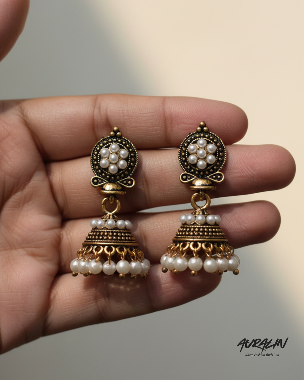 Auralin Antique Gold Pearl Jhumka Earrings