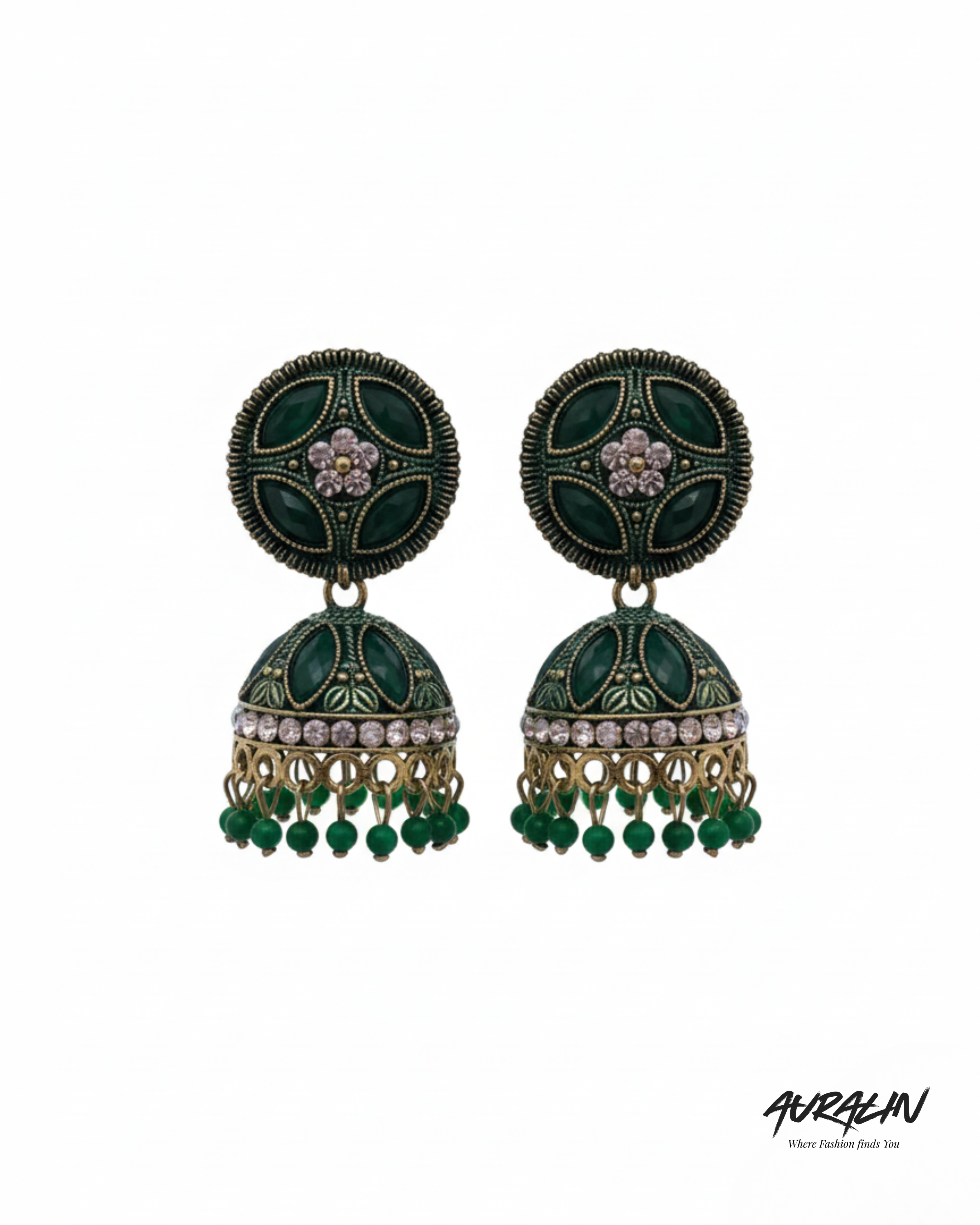 Auralin Antique Green Stone Jhumka Earrings