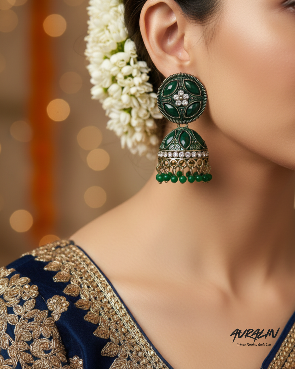 Auralin Antique Green Stone Jhumka Earrings
