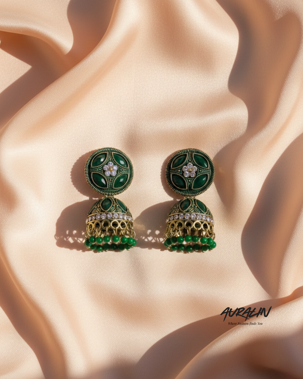 Auralin Antique Green Stone Jhumka Earrings