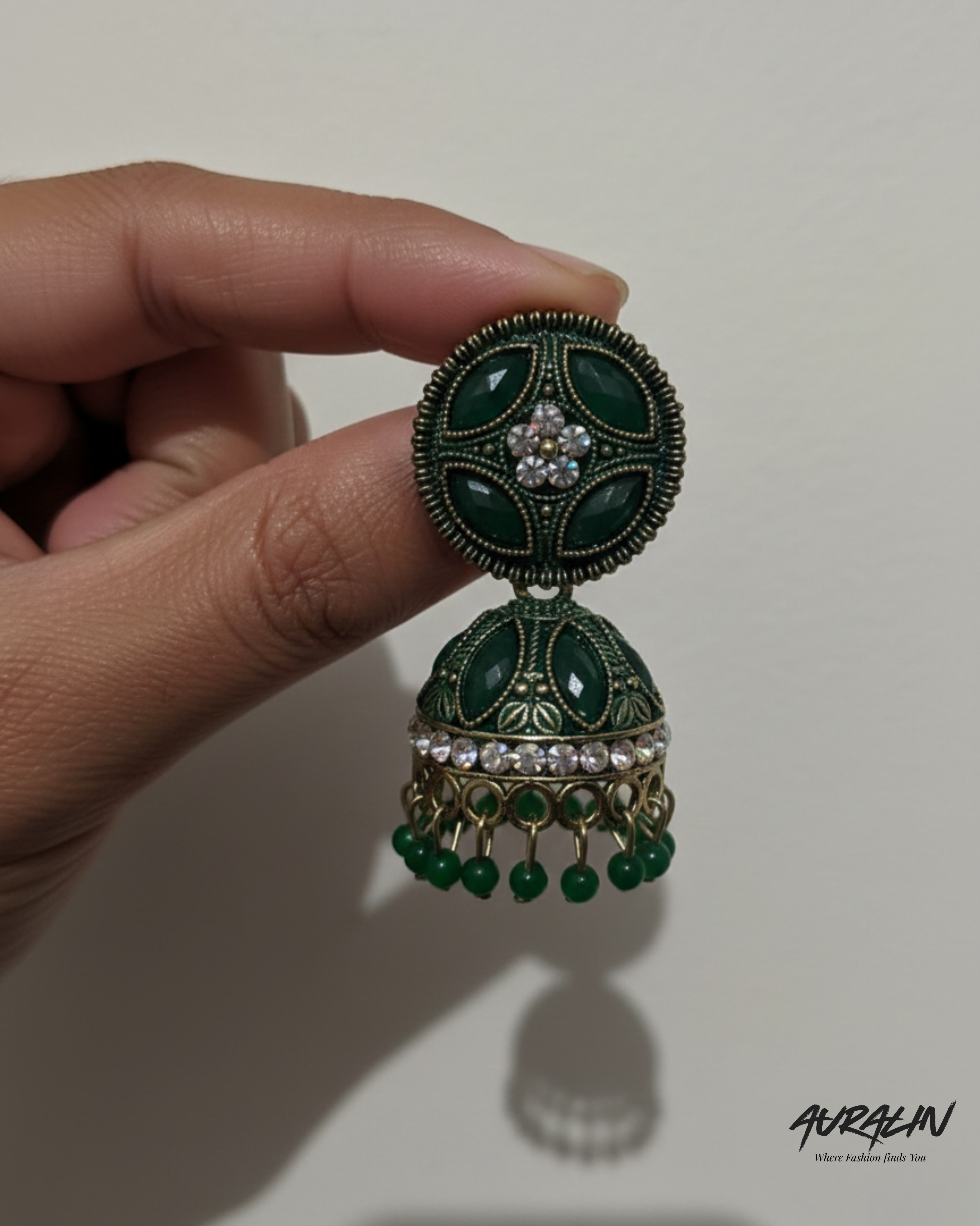 Auralin Antique Green Stone Jhumka Earrings