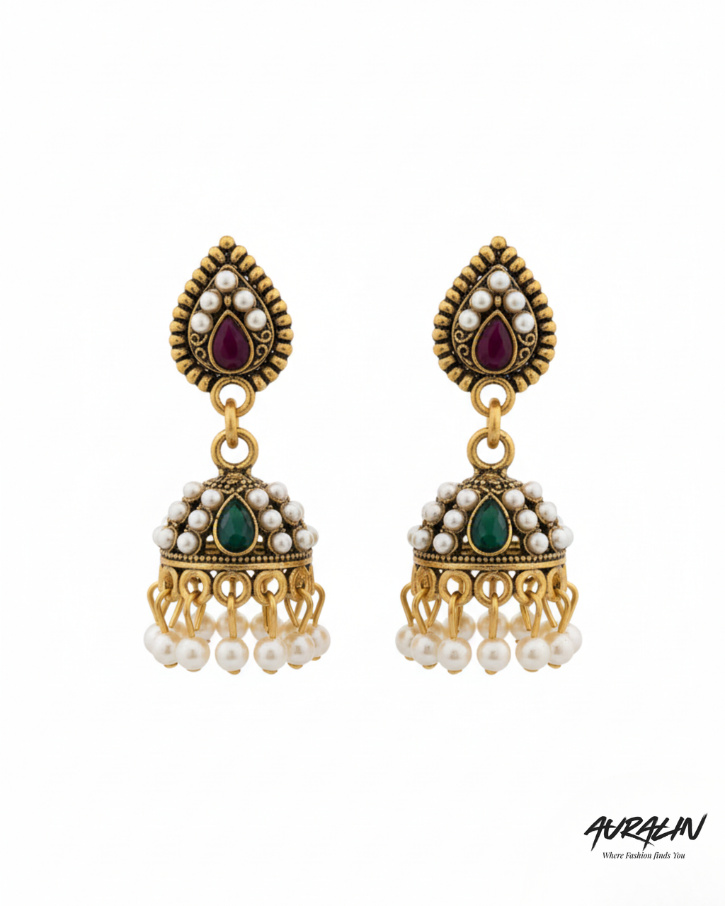 Auralin Antique Gold Dual-Tone Stone Jhumka Earrings with Pearls