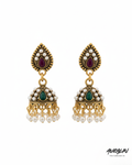 Auralin Antique Gold Dual-Tone Stone Jhumka Earrings with Pearls