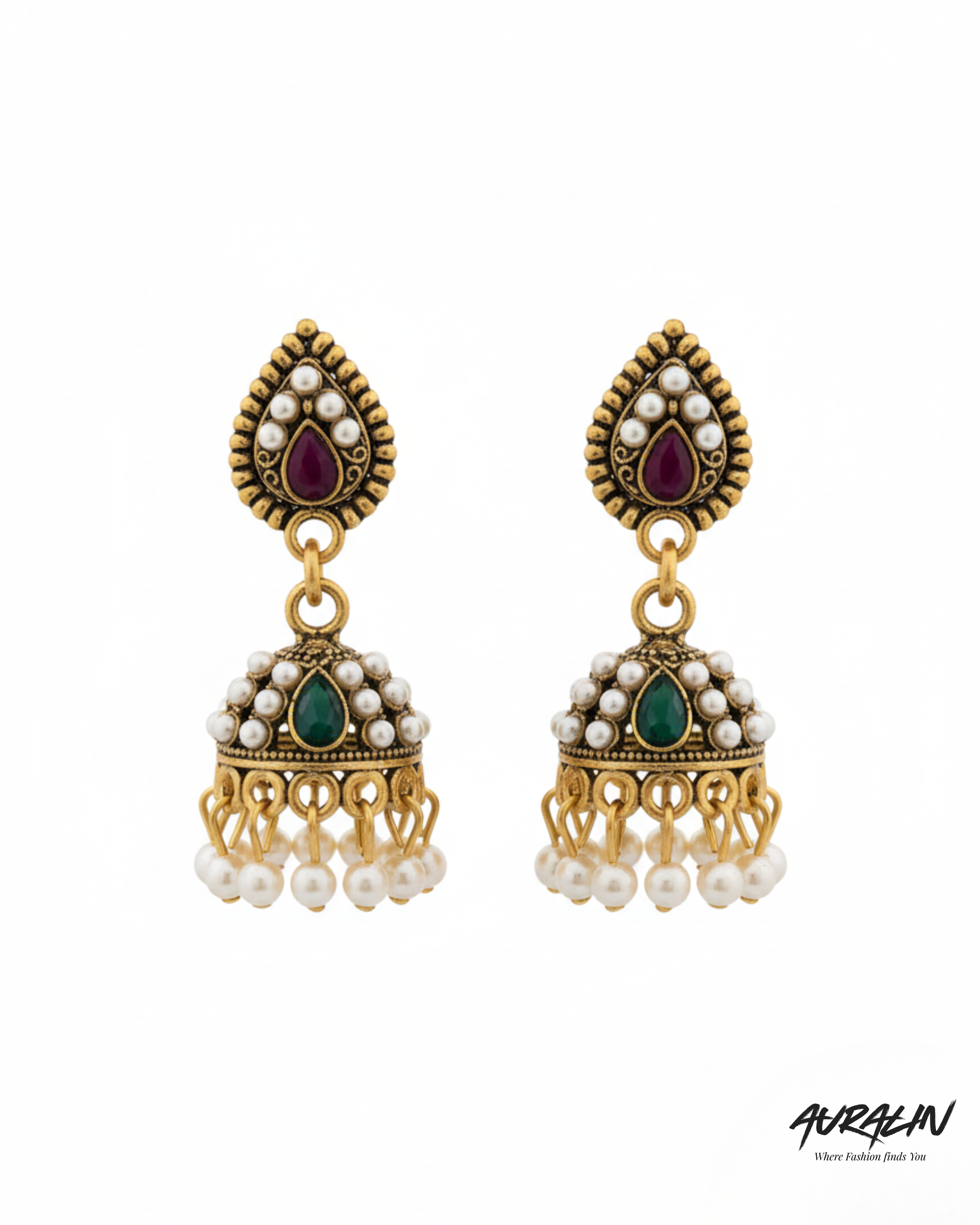 Auralin Antique Gold Dual-Tone Stone Jhumka Earrings with Pearls