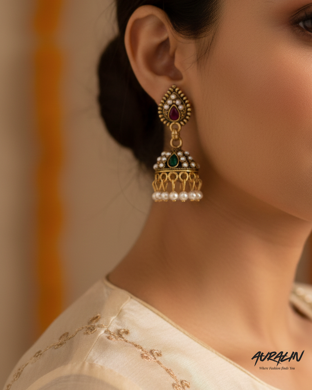 Auralin Antique Gold Dual-Tone Stone Jhumka Earrings with Pearls