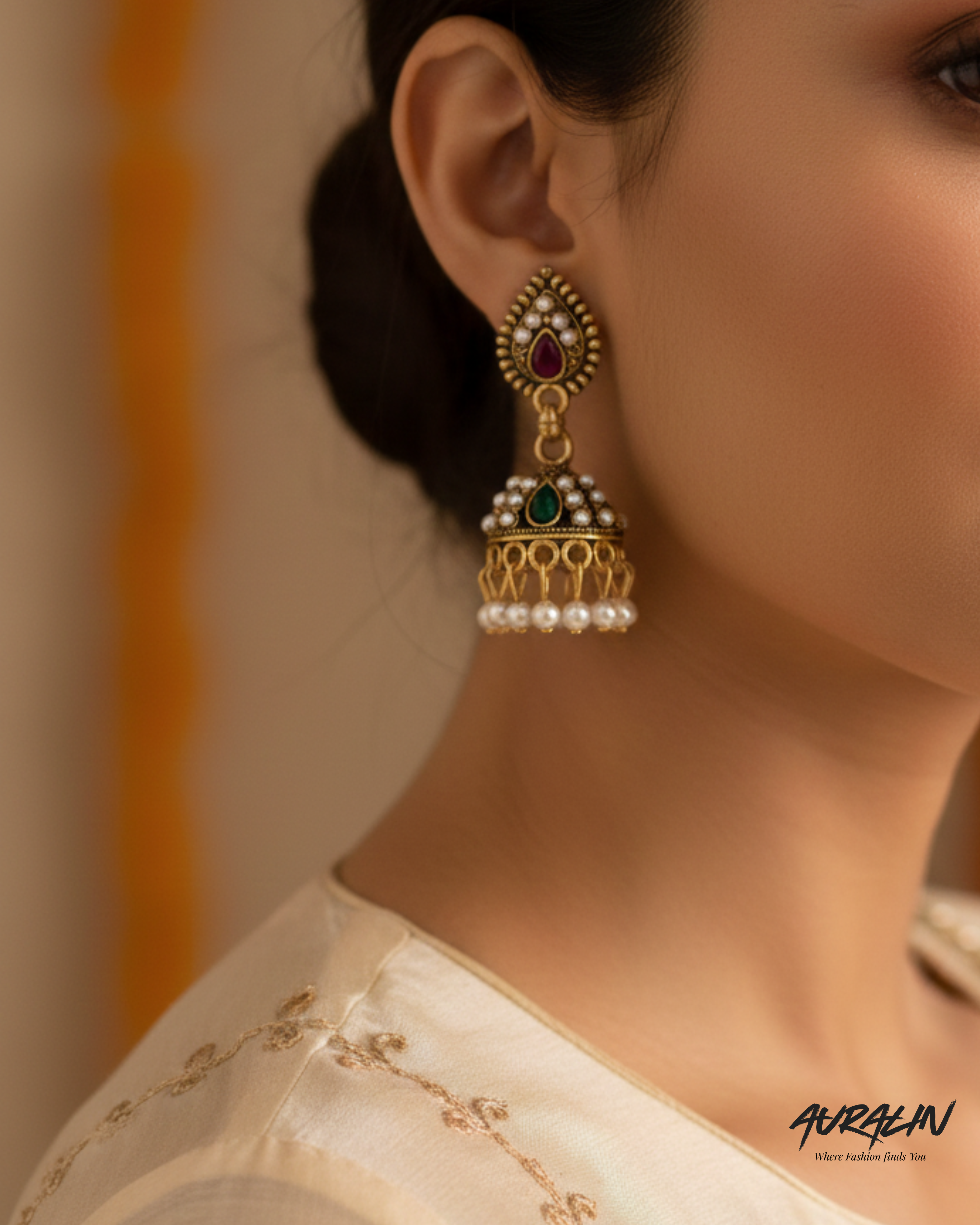 Auralin Antique Gold Dual-Tone Stone Jhumka Earrings with Pearls