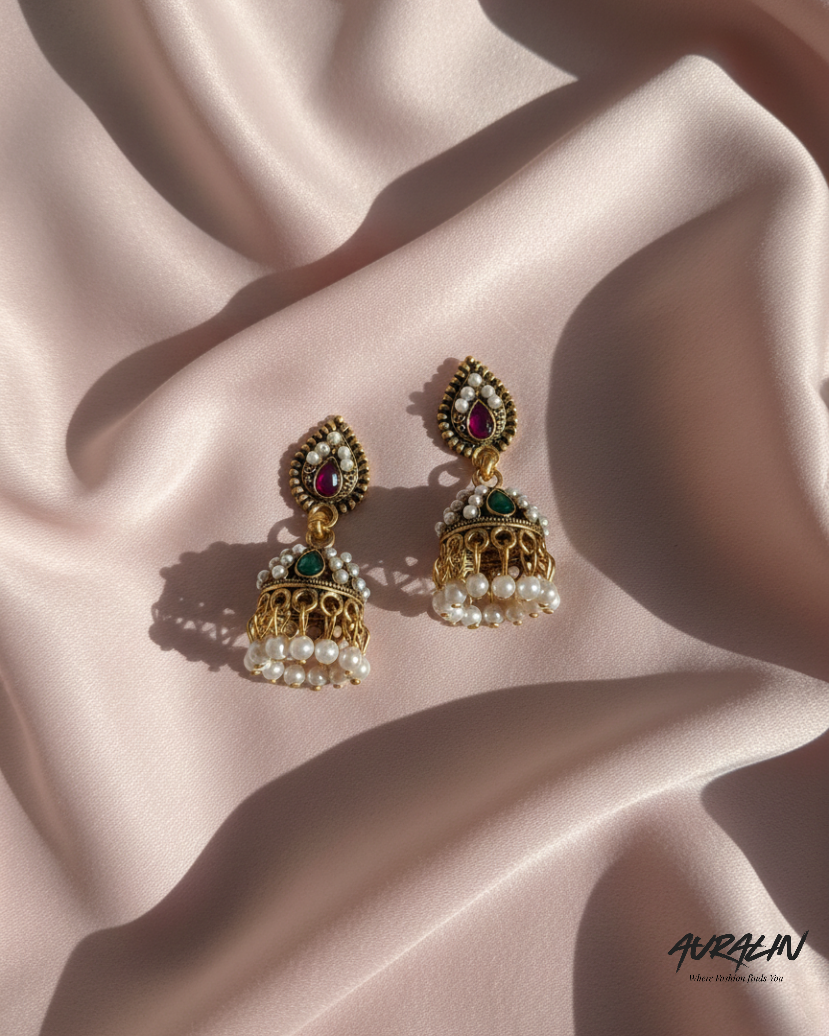 Auralin Antique Gold Dual-Tone Stone Jhumka Earrings with Pearls