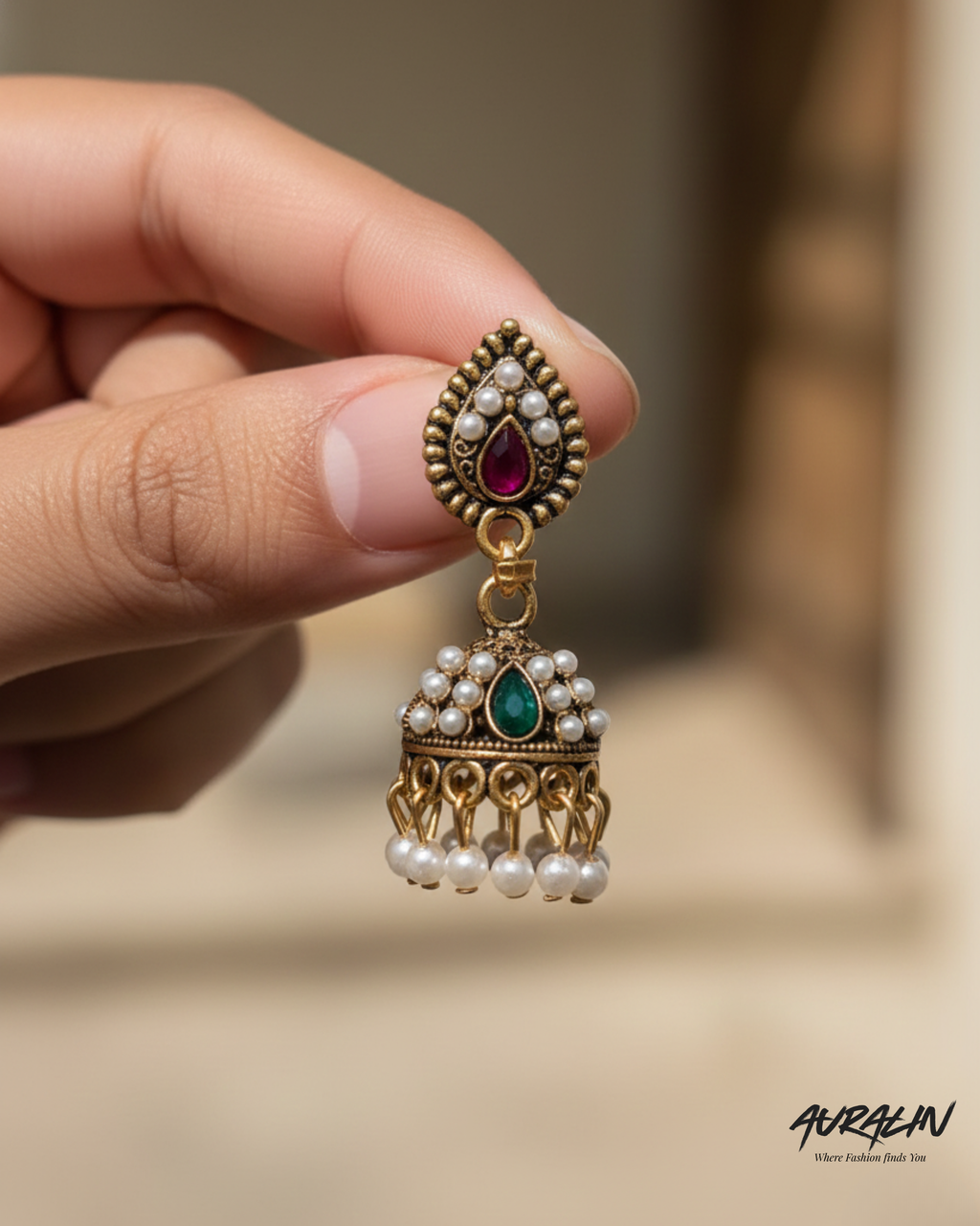 Auralin Antique Gold Dual-Tone Stone Jhumka Earrings with Pearls
