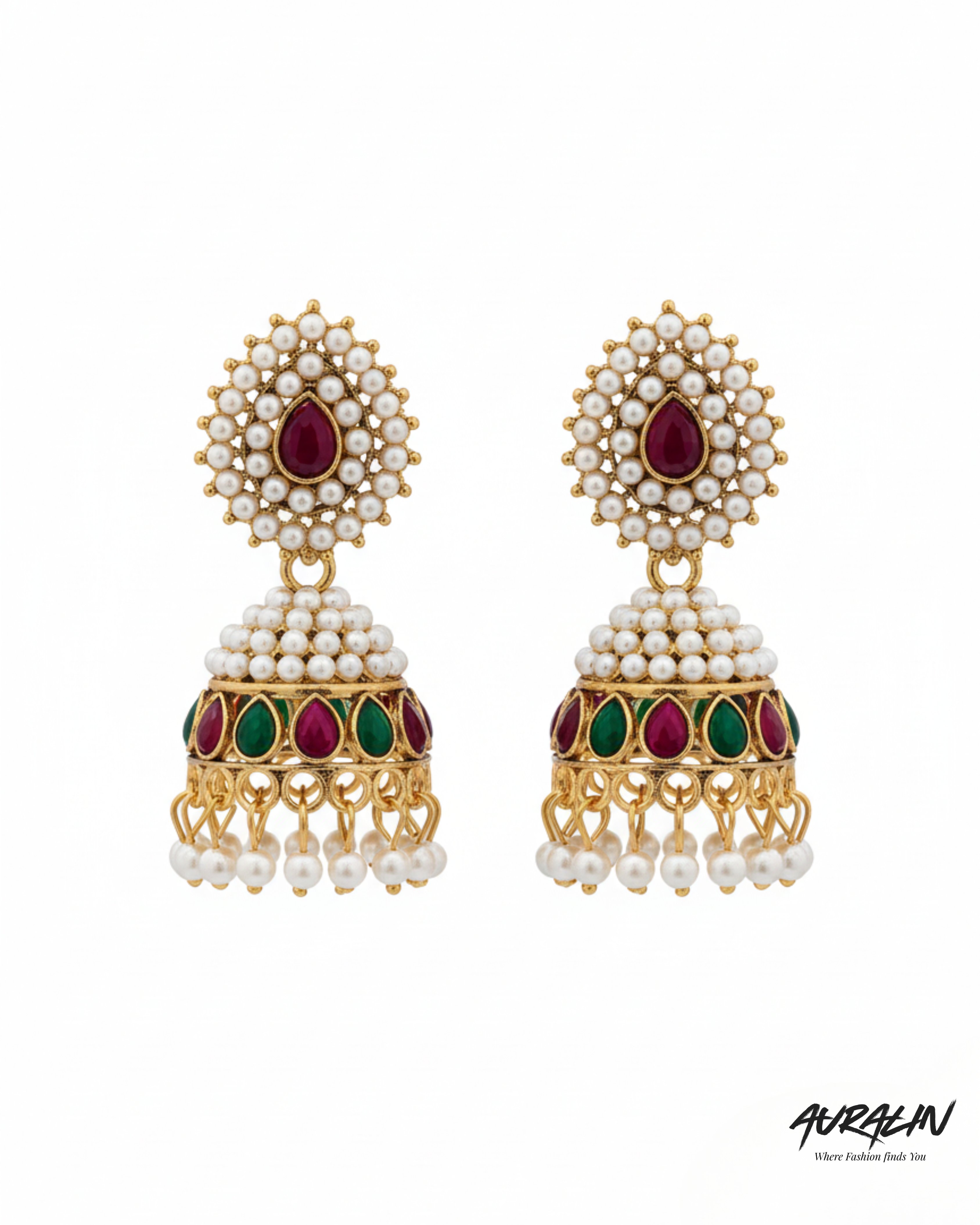 Auralin Antique Gold Multicolor Pearl Jhumka Earrings