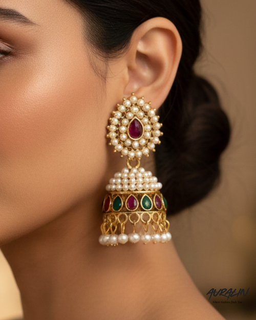 Auralin Antique Gold Multicolor Pearl Jhumka Earrings