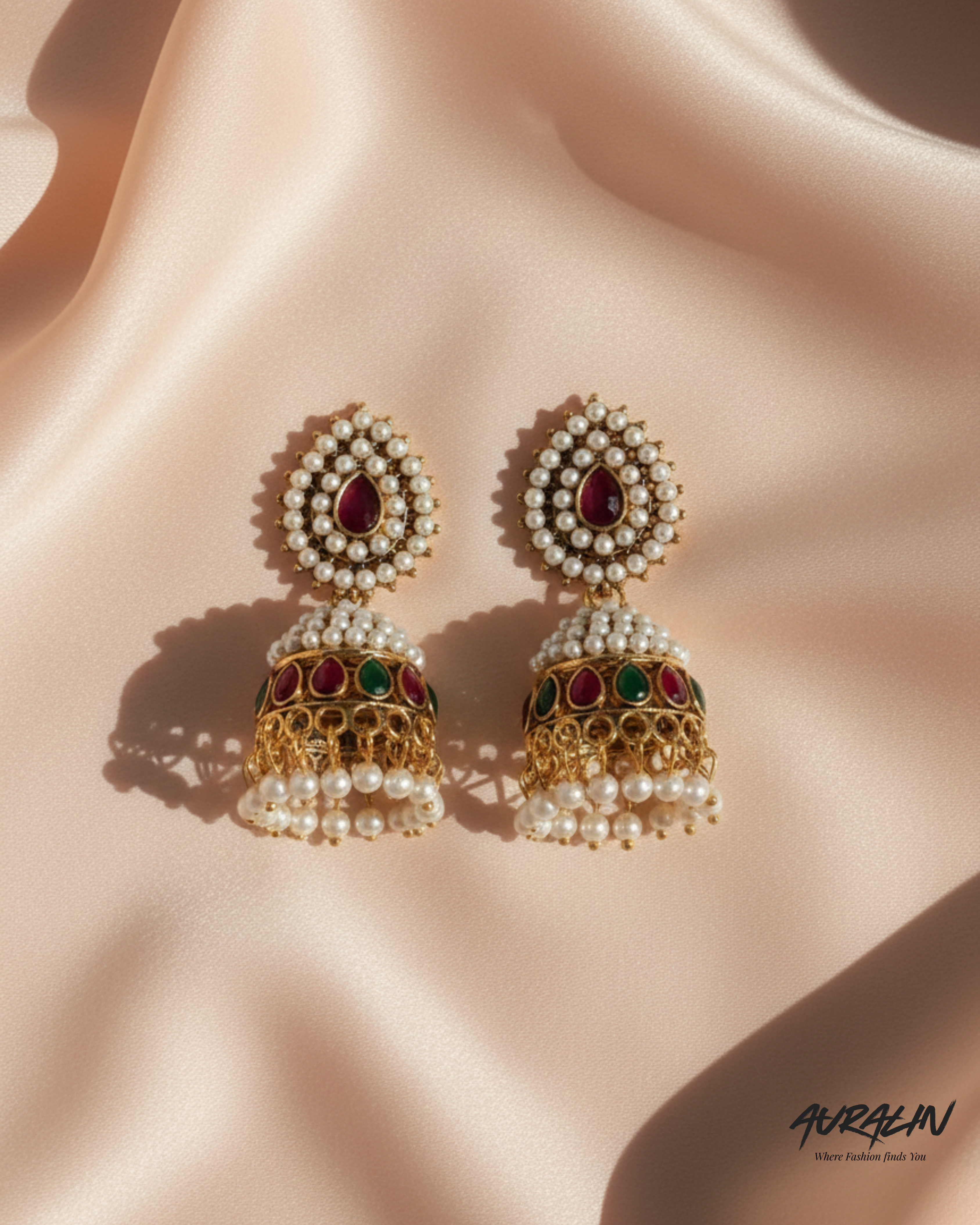 Auralin Antique Gold Multicolor Pearl Jhumka Earrings