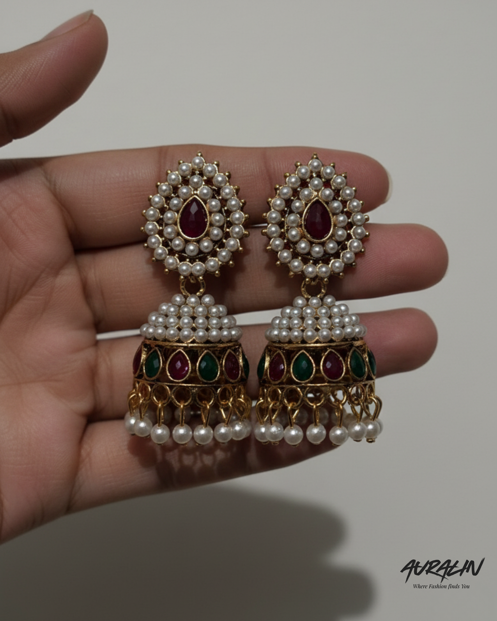 Auralin Antique Gold Multicolor Pearl Jhumka Earrings