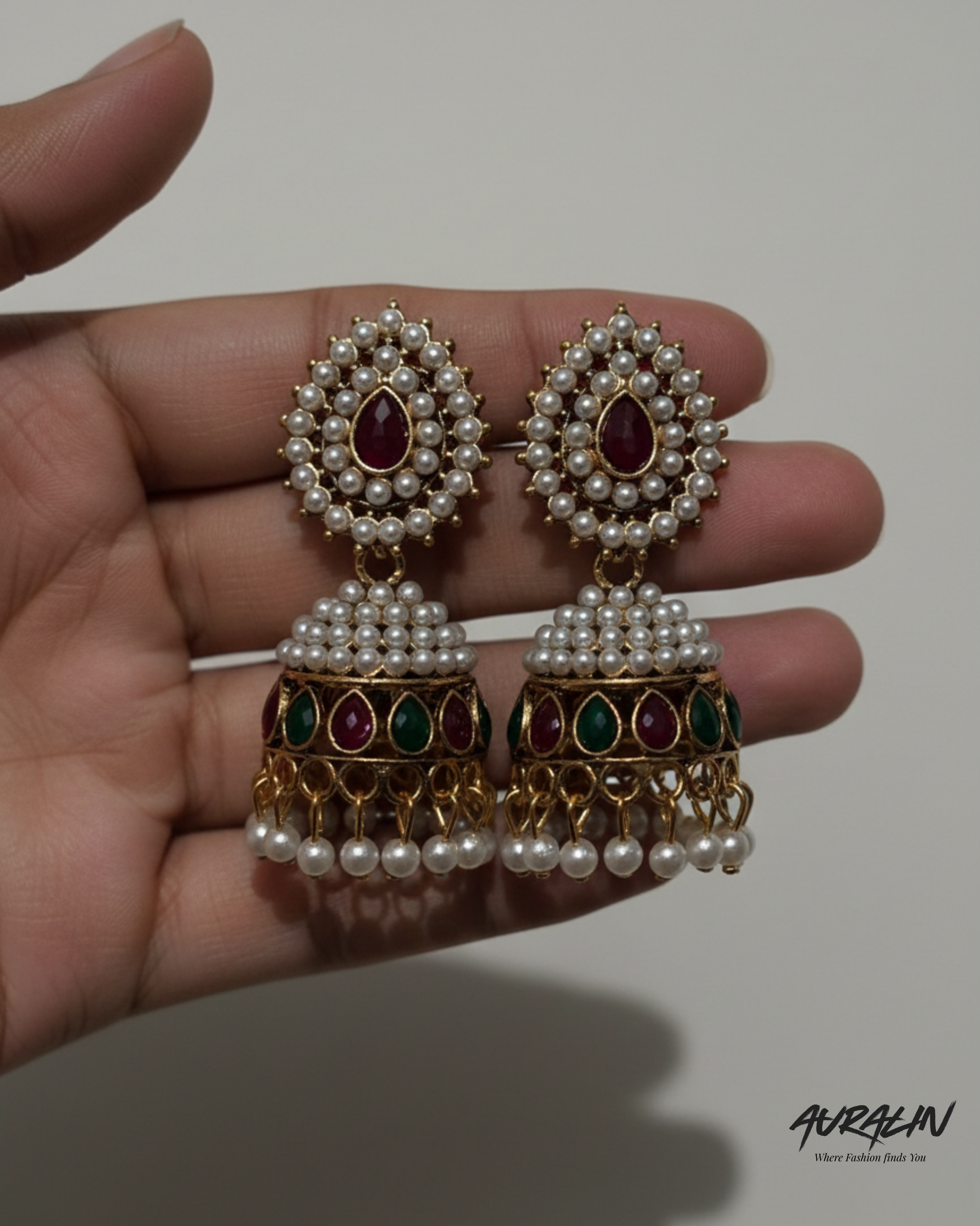 Auralin Antique Gold Multicolor Pearl Jhumka Earrings