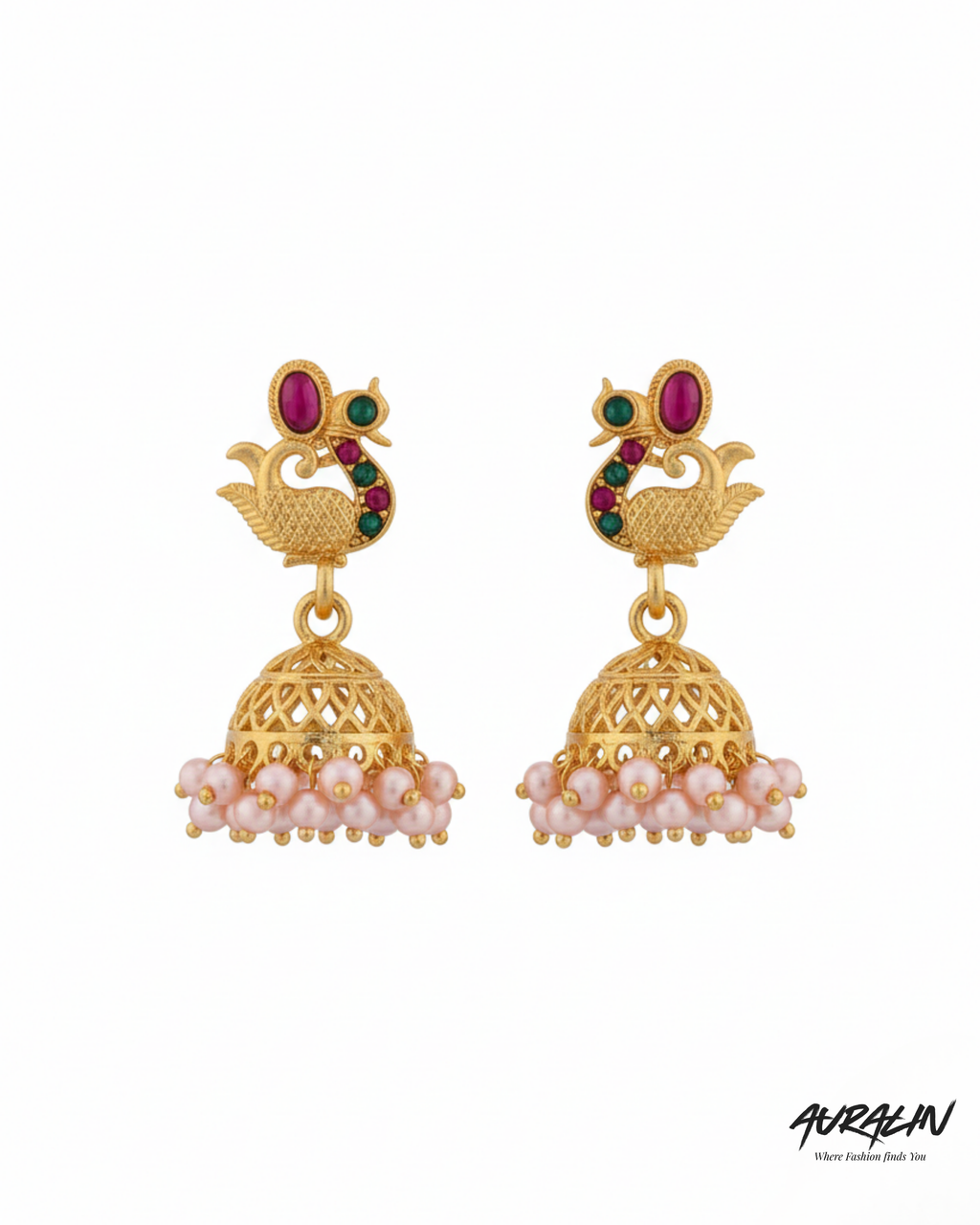 Auralin Antique Gold Peacock Jhumka Earrings with Pink Beads