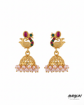 Auralin Antique Gold Peacock Jhumka Earrings with Pink Beads