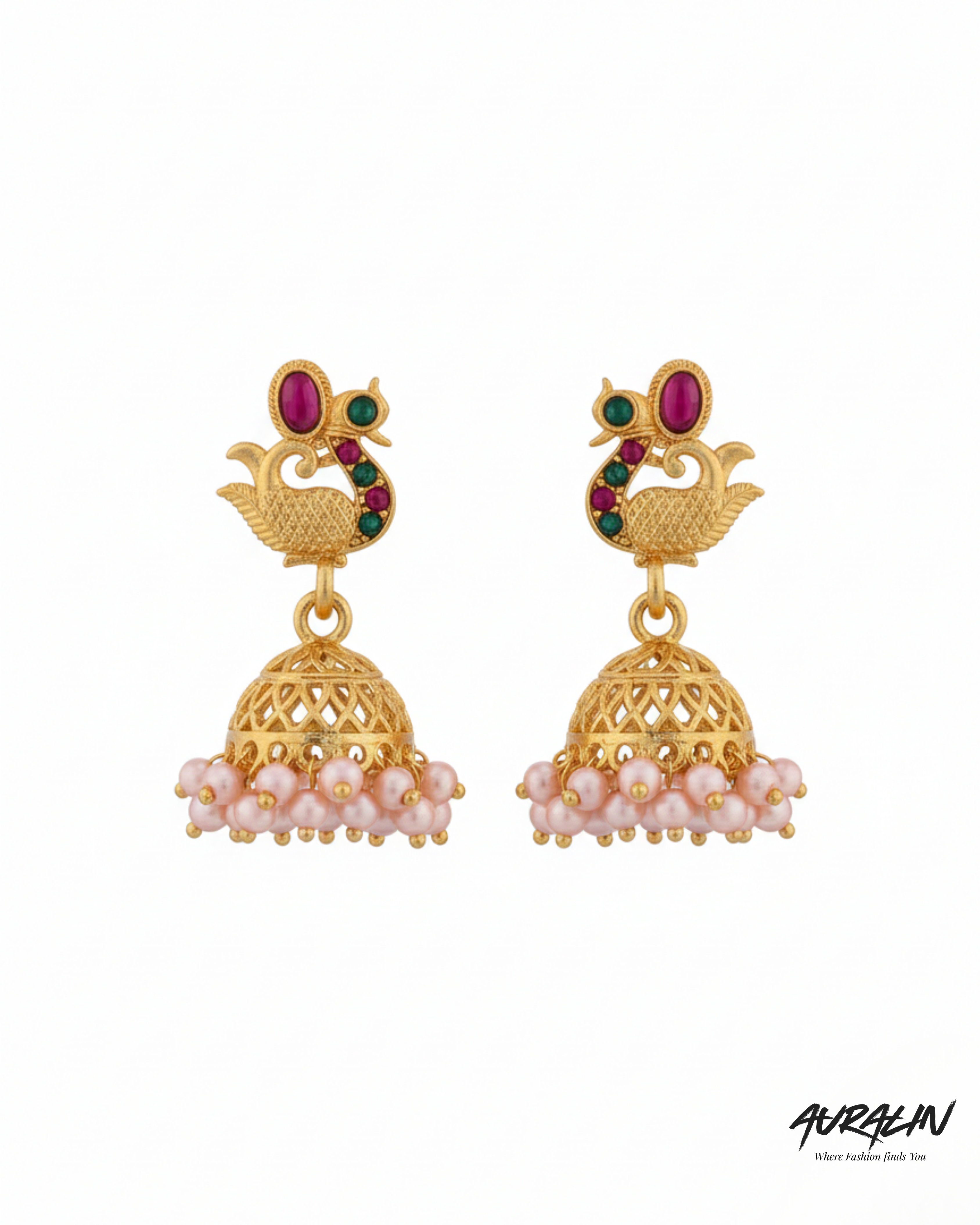 Auralin Antique Gold Peacock Jhumka Earrings with Pink Beads