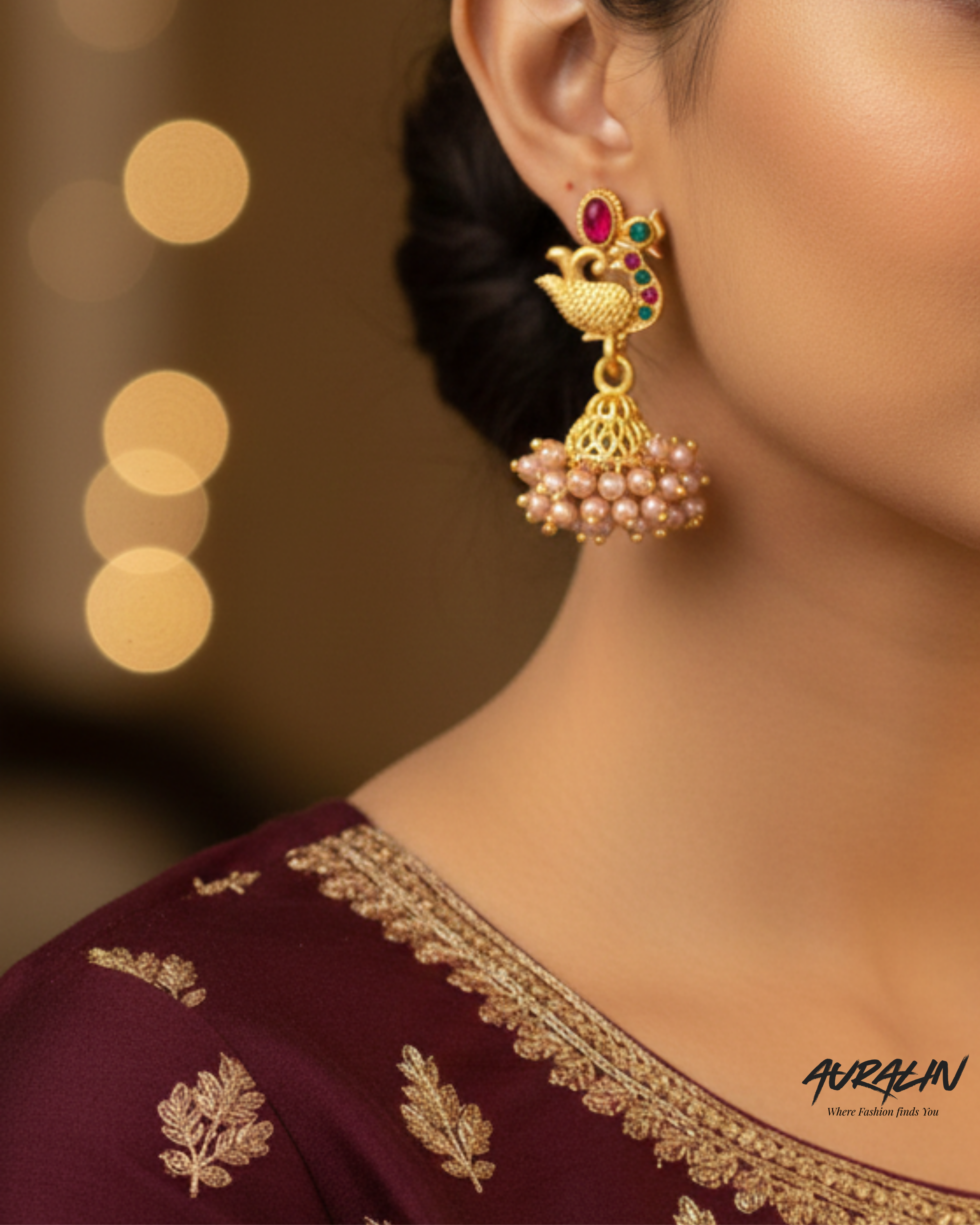 Auralin Antique Gold Peacock Jhumka Earrings with Pink Beads