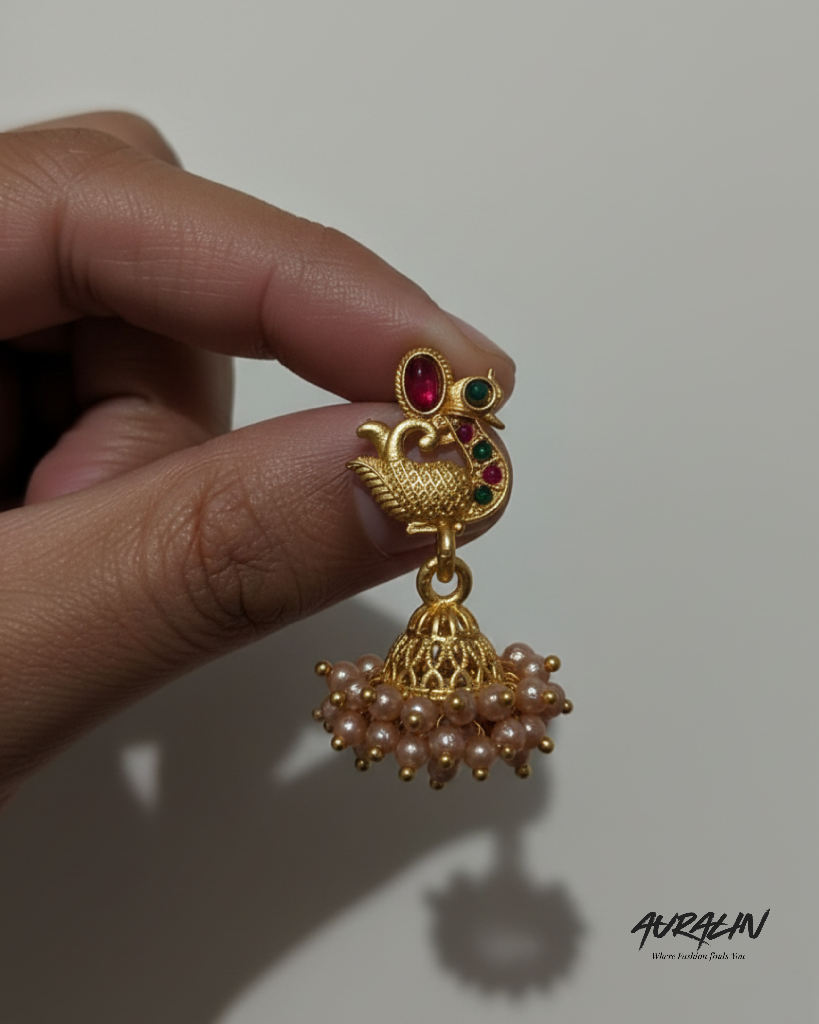 Auralin Antique Gold Peacock Jhumka Earrings with Pink Beads