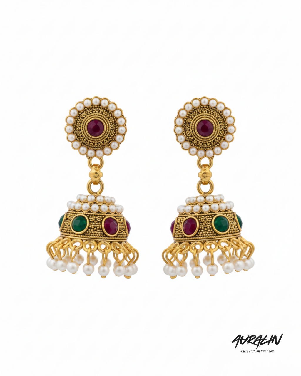Auralin Antique Gold Ruby-Emerald Pearl Jhumka Earrings