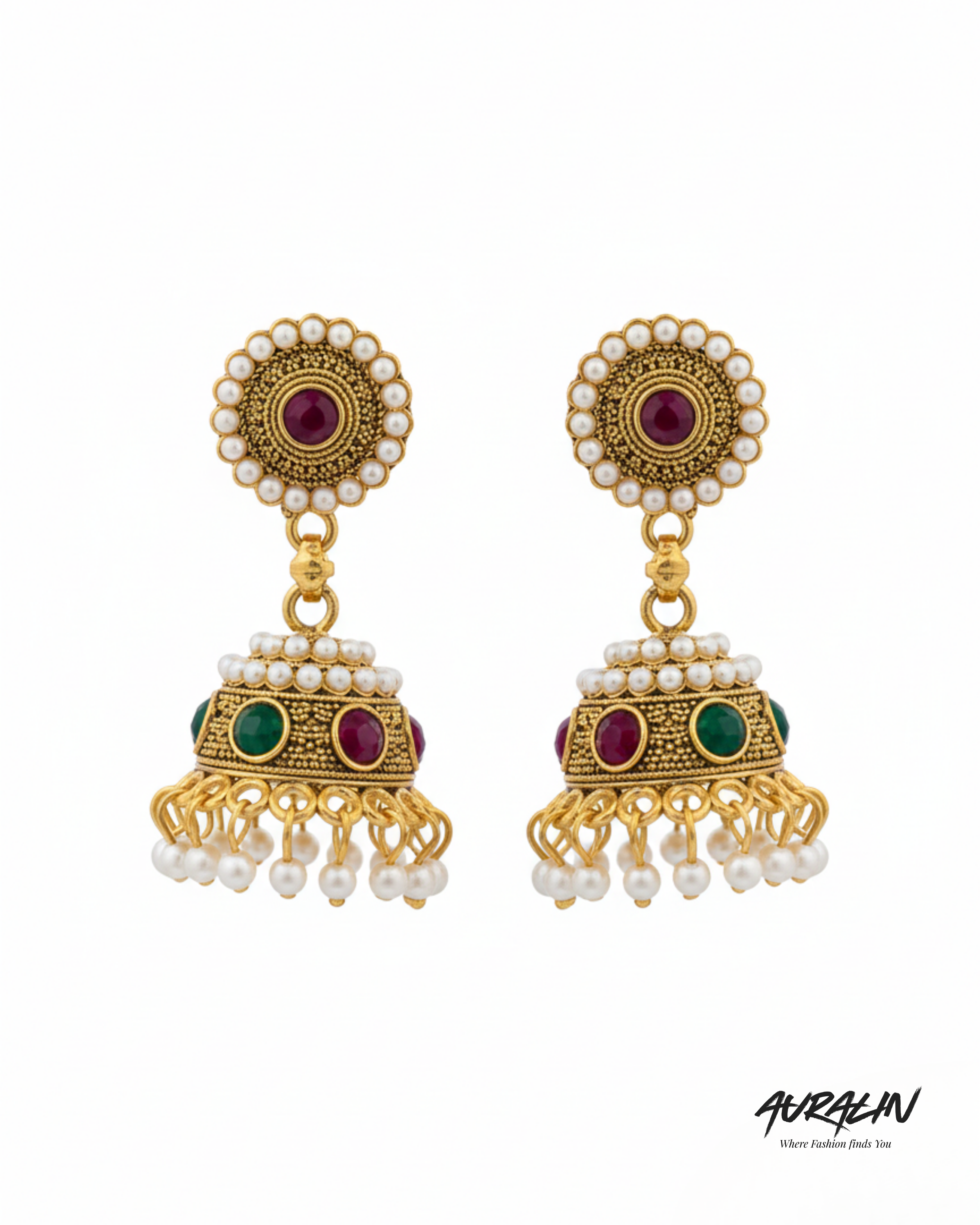 Auralin Antique Gold Ruby-Emerald Pearl Jhumka Earrings