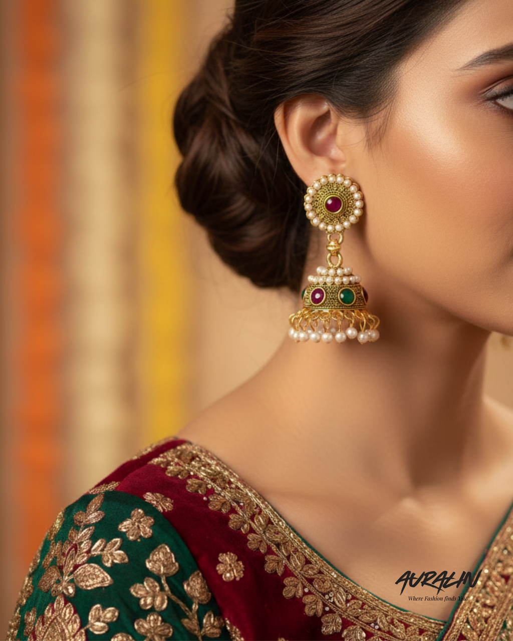 Auralin Antique Gold Ruby-Emerald Pearl Jhumka Earrings