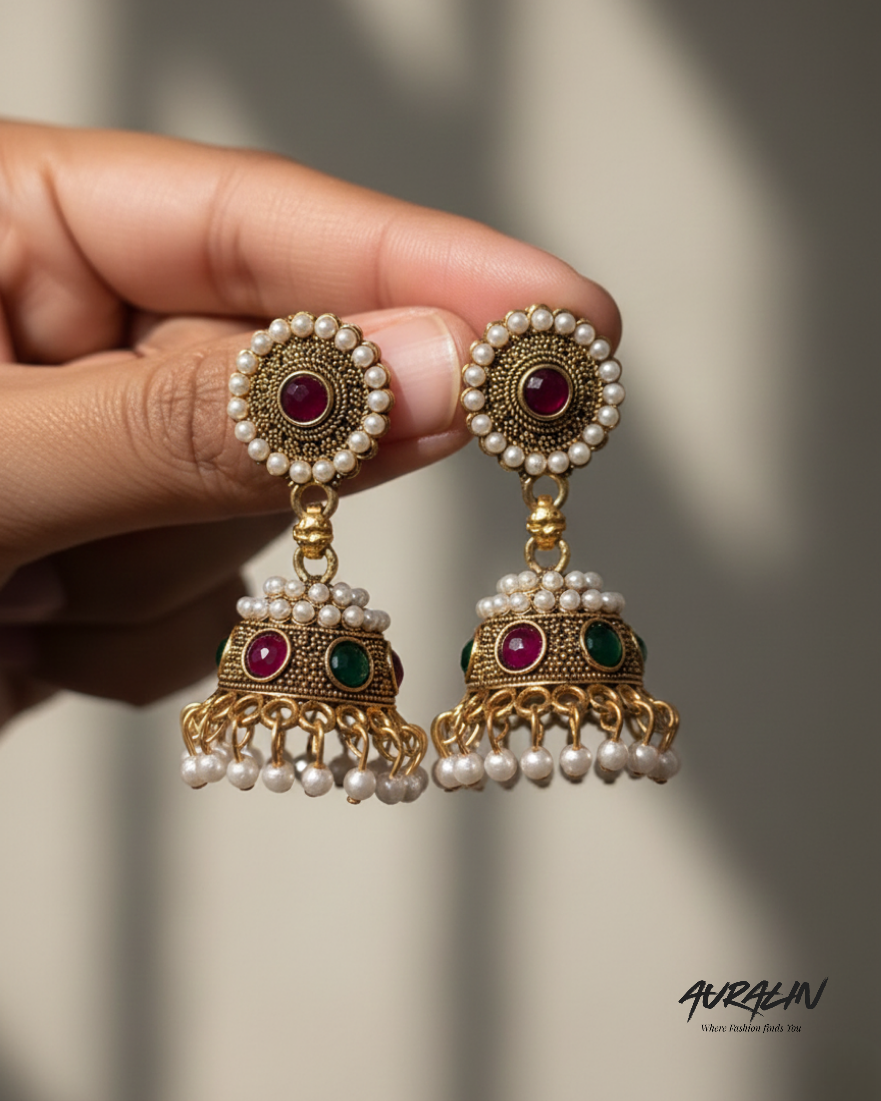 Auralin Antique Gold Ruby-Emerald Pearl Jhumka Earrings
