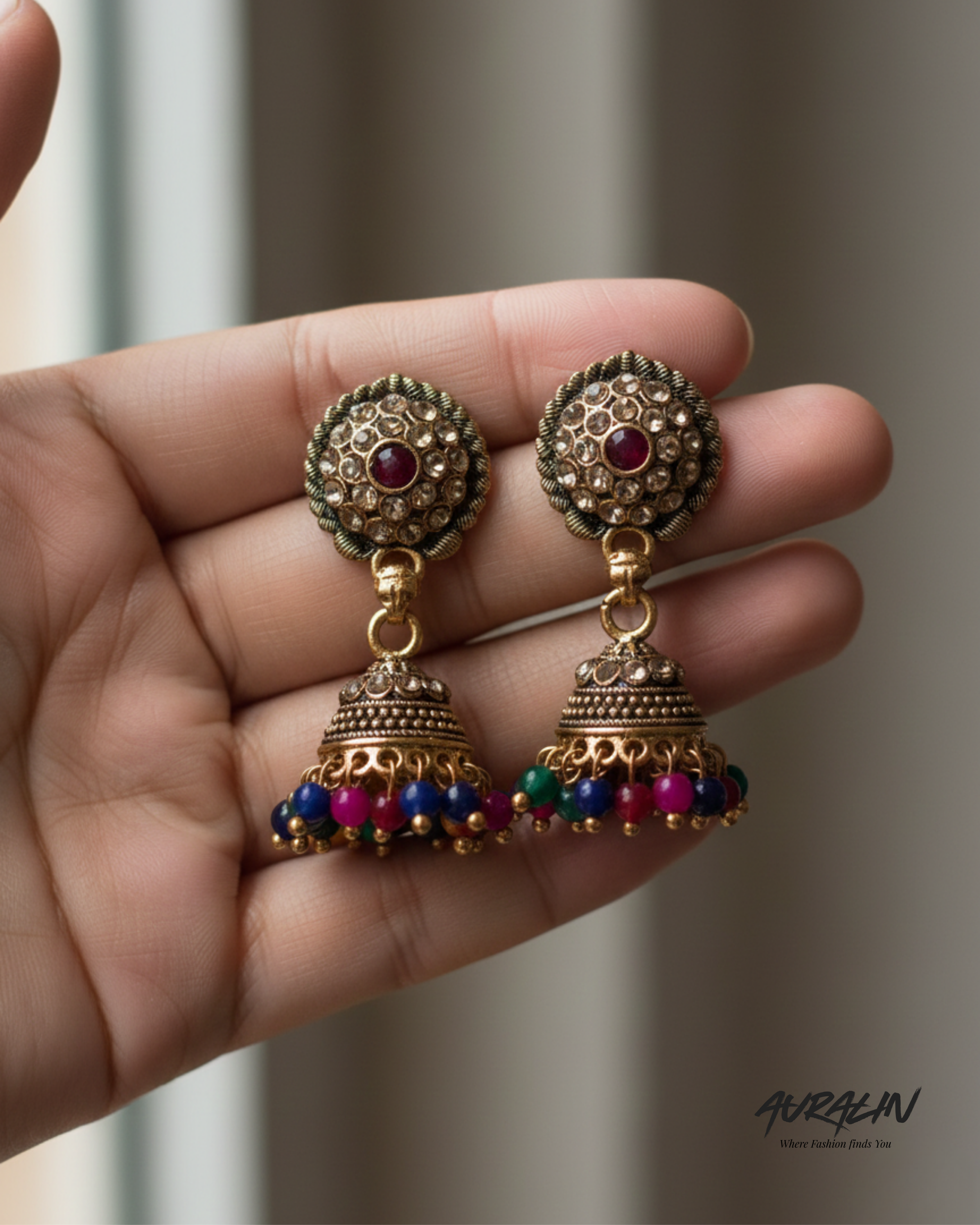 Auralin Multicolor Antique Jhumka Earrings